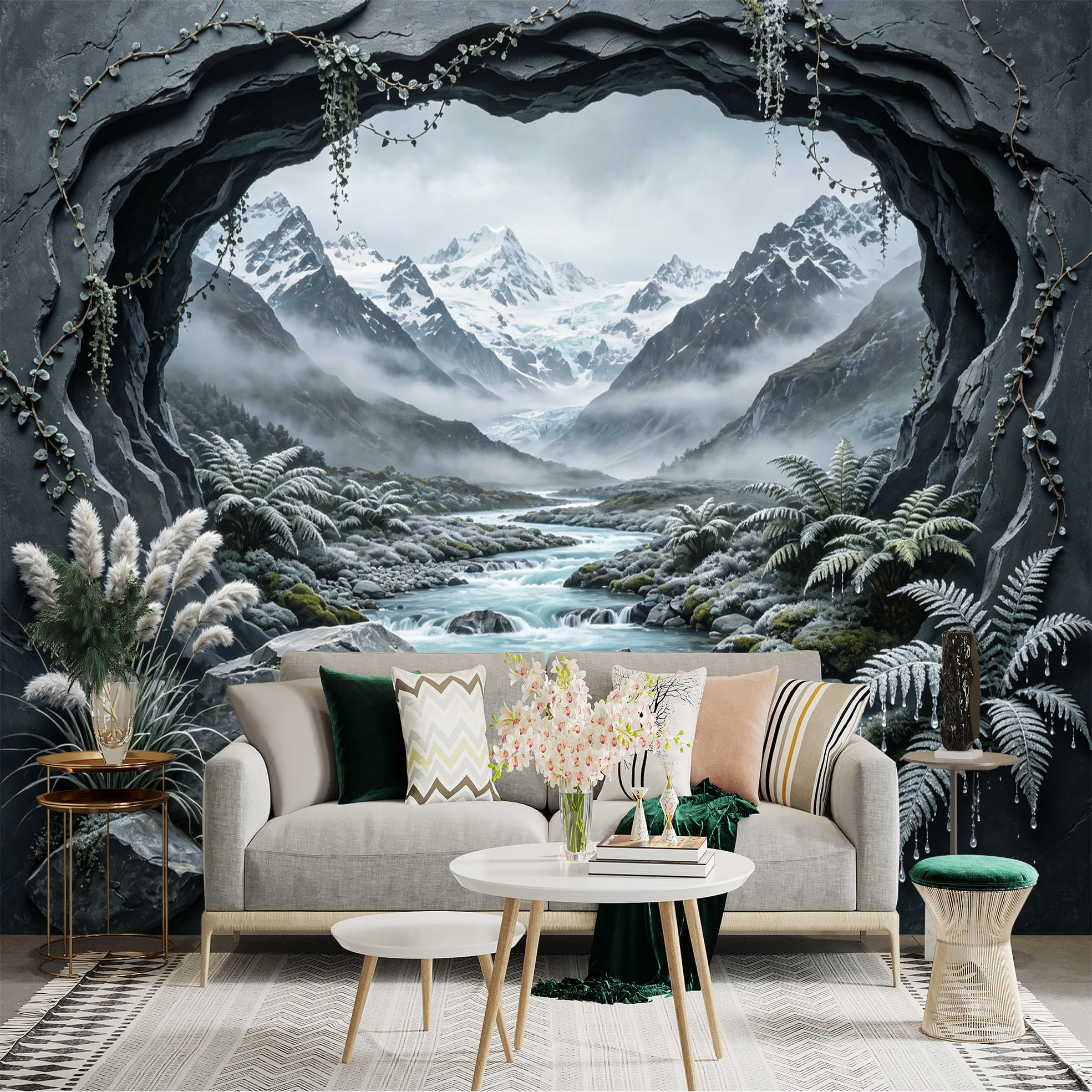 Custom Size Wall Sticker Mural， Misty Mountain River with Waterfall， Rocks and Ferns， for wall Decoration， peelandstick wall Decals.