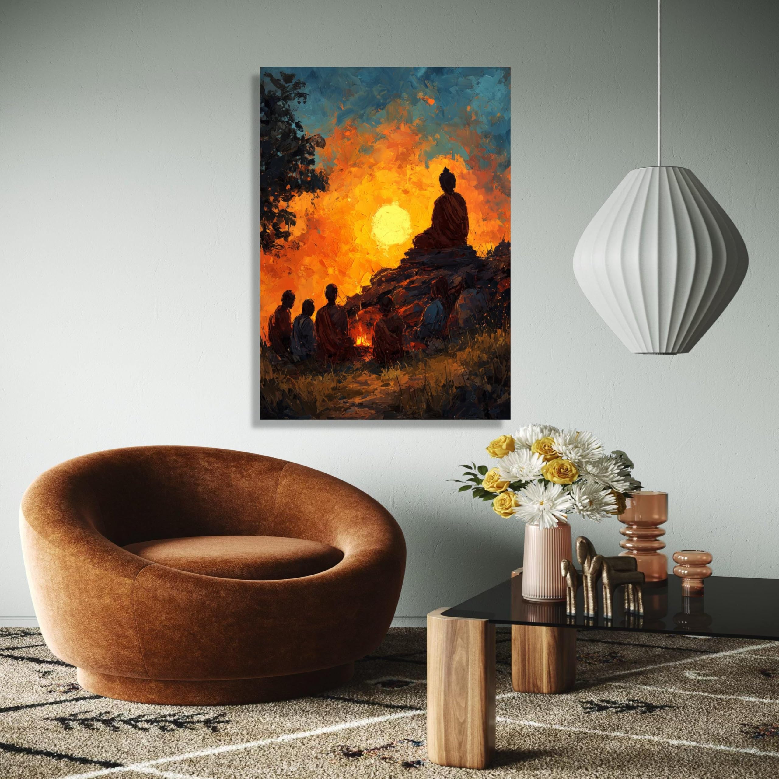 YUSUZHU Sagoma di monaco meditativo al tramonto, tela spirituale, scena naturalistica, buddista zen, arredamento per la casa, stampa (70x100 cm/cornice interna)