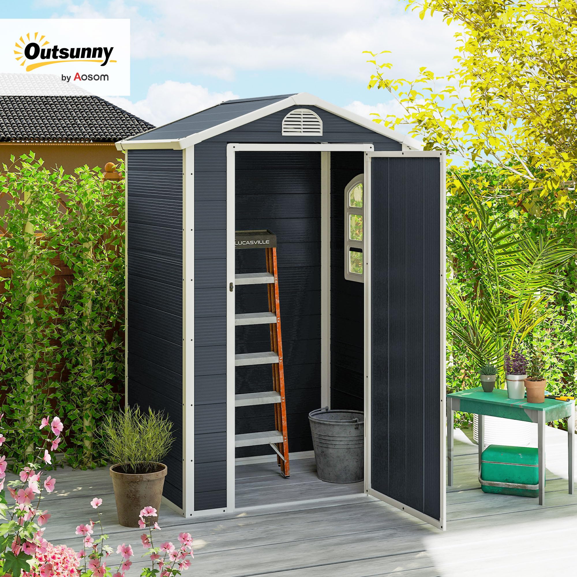 Outsunny Gerätehaus 1,1m² mit Satteldach 134 x 104 x 204 cm Dunkelgrau | Kunststoff Geräteschuppen mitAbschließbare Tür, Belüftungsöffnung, Fenster, Gartenchuppen für Garten