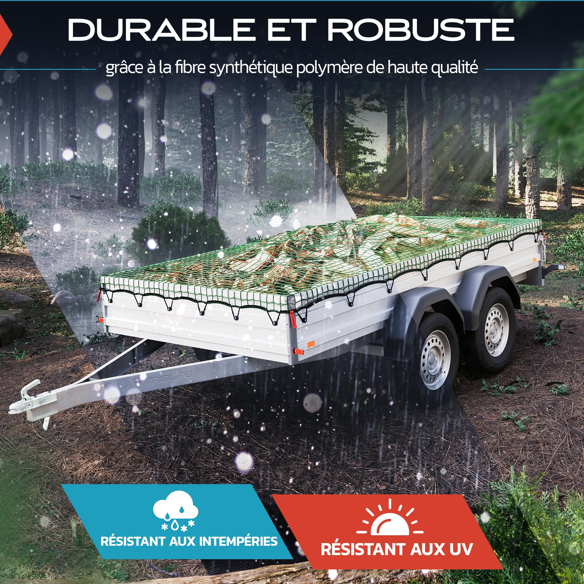 TRIBURG Filet pour remorque 3x6 avec marquage des Angles et renforcement des Bords - Filet pour remorque avec élastique de Tension pour Une sécurisation optimale du Chargement