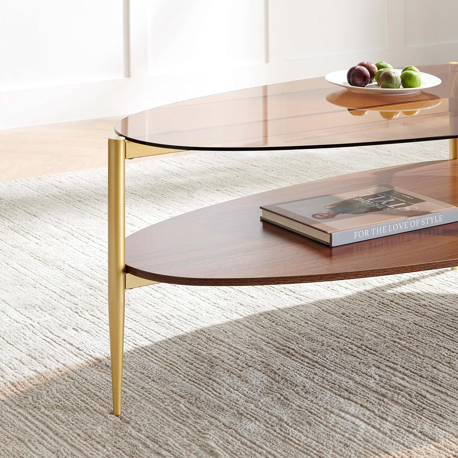 LumFurn Oval Glass Coffee Table, Mid-Century Modern Design, L43 x W21 x H17 inch, for Living Room, 2-Tier Structure, Amber Glass Top, Walnut Finish Wood Shelf & Gold Finish Frame