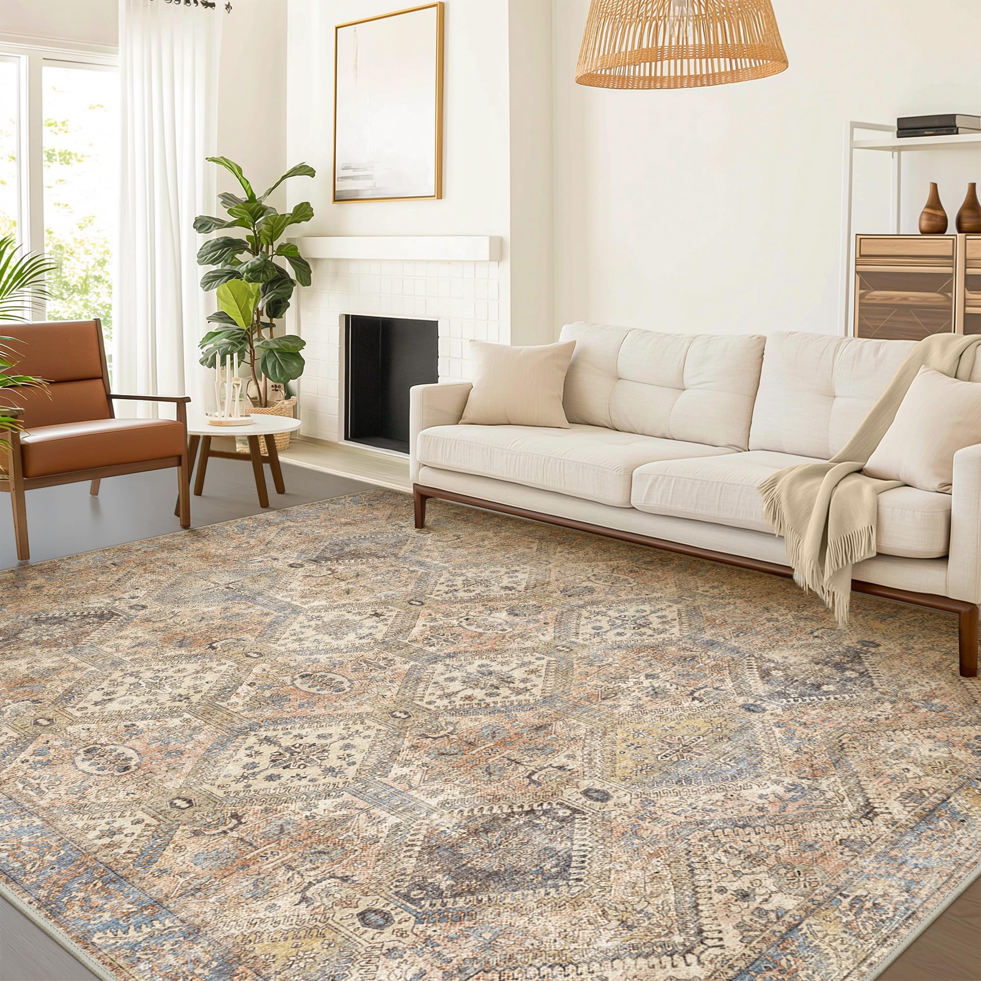 BEIMO Vintage Washable Area Rug 240x300cm, Non Slip Low Pile Large Indoor Carpet for Living Room Bedroom Hall Lounge Office Dining Room, Terracotta & Dusty Blue โ image 1