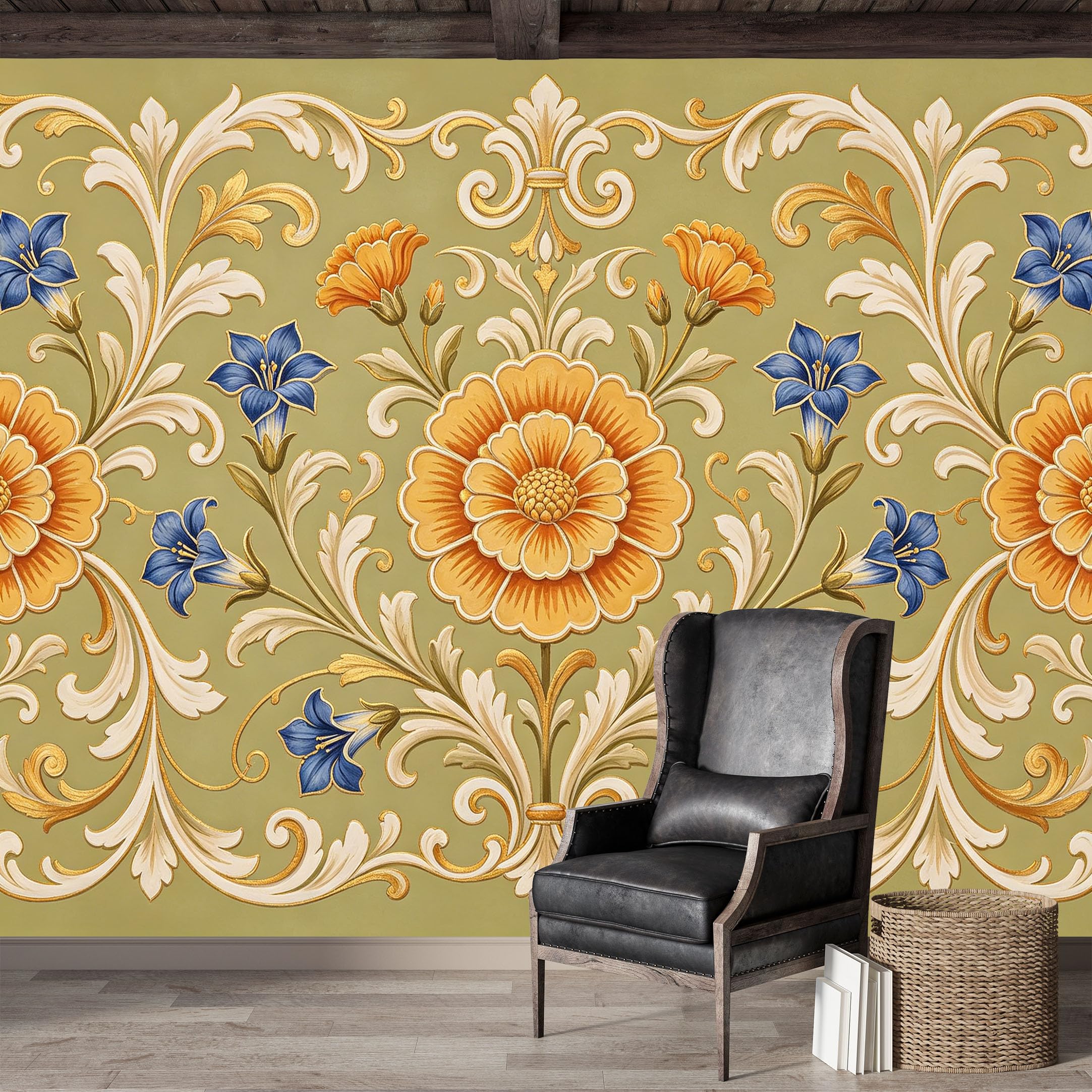 Custom Size Wall Mural,Baroque Floral Scroll European Classic Oil Painting Premium Water Activated SelfAdhesive Wallpaper,Removable Wall Covering for Indoor Home Decor