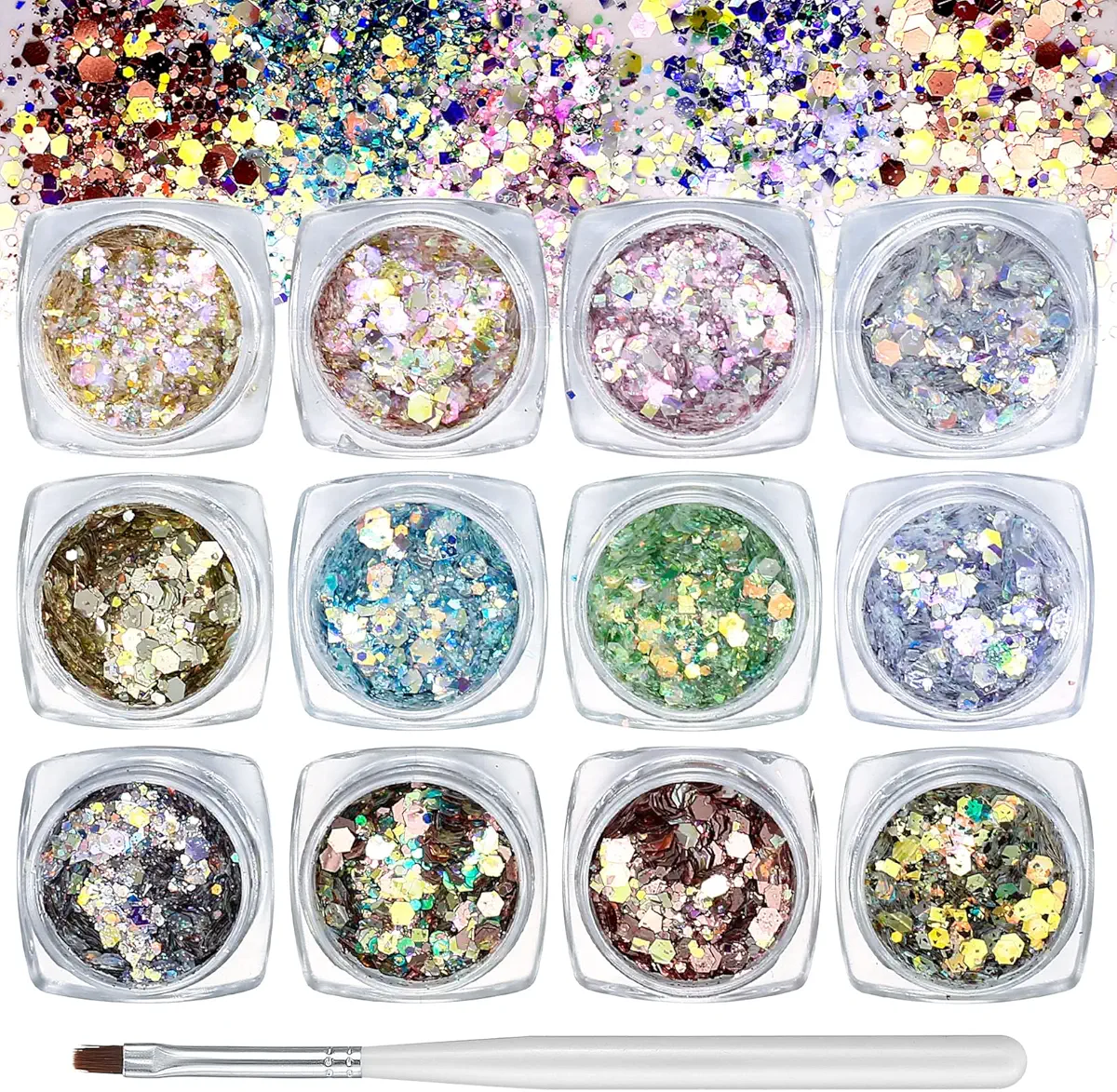 YOUYIDUN - 12Colors Holographic Chunky Glitter Set, Makeup Face Body Eyeshadow Lips Hair Nails Cosmetic Festival Glitter for Hair, Face, Nail, Eyes, Eyeshadow, Cosmetics, Arts, Glitter, with 1 x Brush