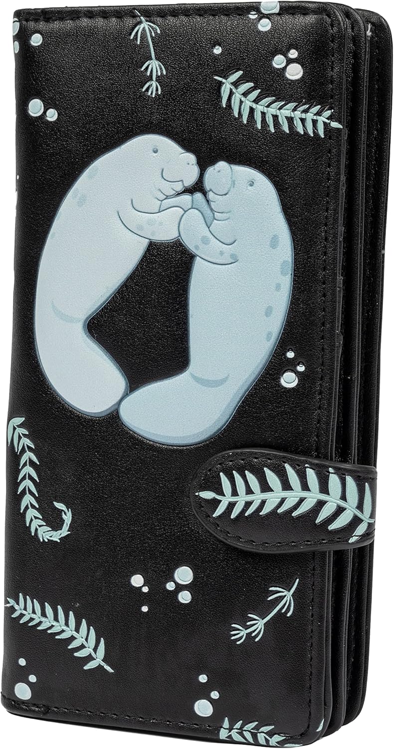 Shag Wear Women's Premium Vegan Clutch Cardholder Wallet Zipper Purse with Pretty Manatees Playhouse, Black