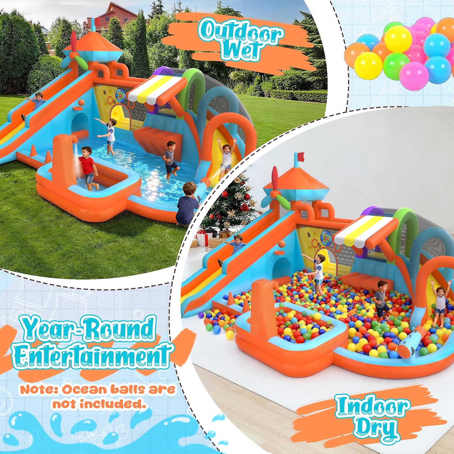 17.5×13 FT 12 in 1 Inflatable Bounce House for Kids with Double Slide, 750W Blower, Toy Stand, Jumping, Climbing Wall, Water Gun, Splash Pool, Tunnel, Basketball, Indoor, Outdoor (Orange)