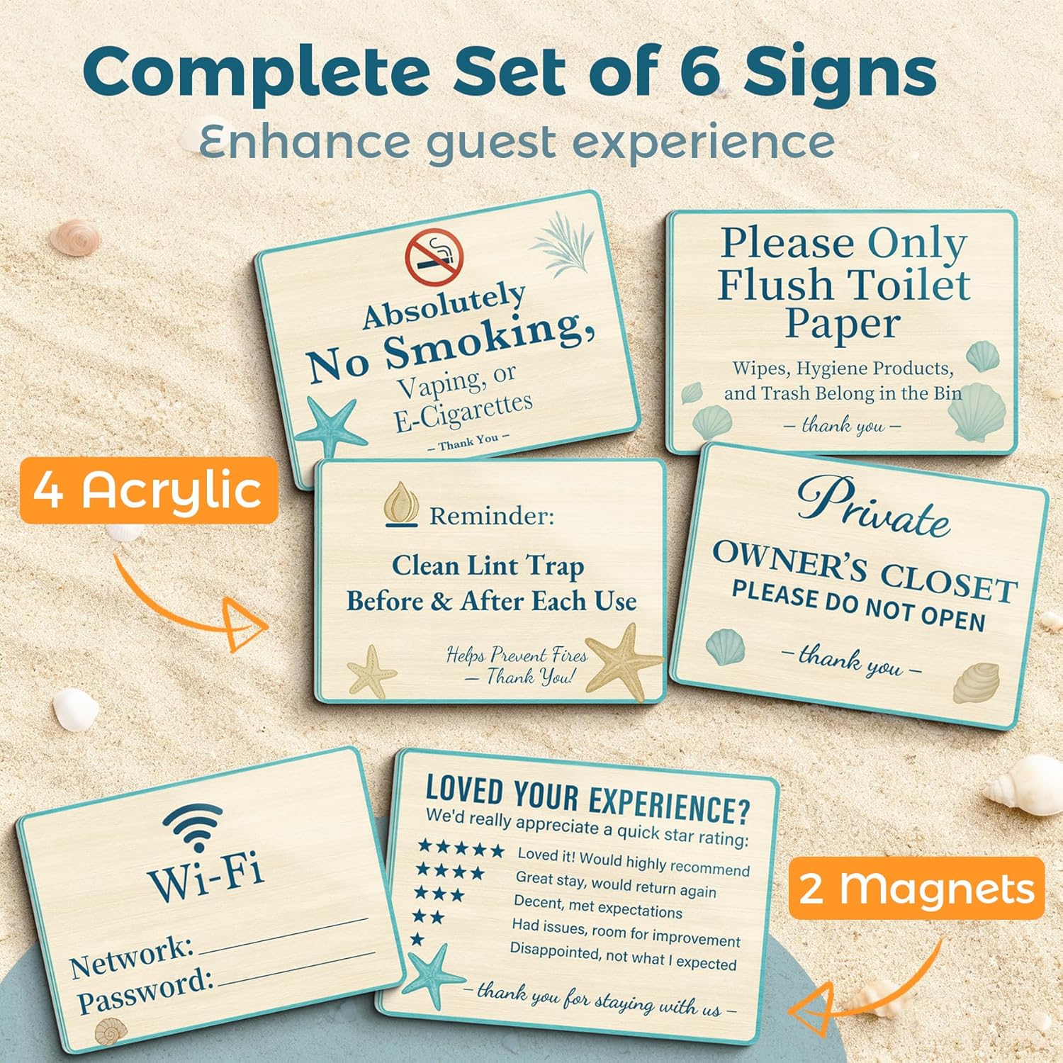 Vacation Rental & BnB Host Starter Kit – 6 Pack (5” x 3”) – Short Term Home Guest Essentials Bundle – Includes WiFi Password, No Smoking, Owner’s Closet & Review Signs – Coastal Beach Decor