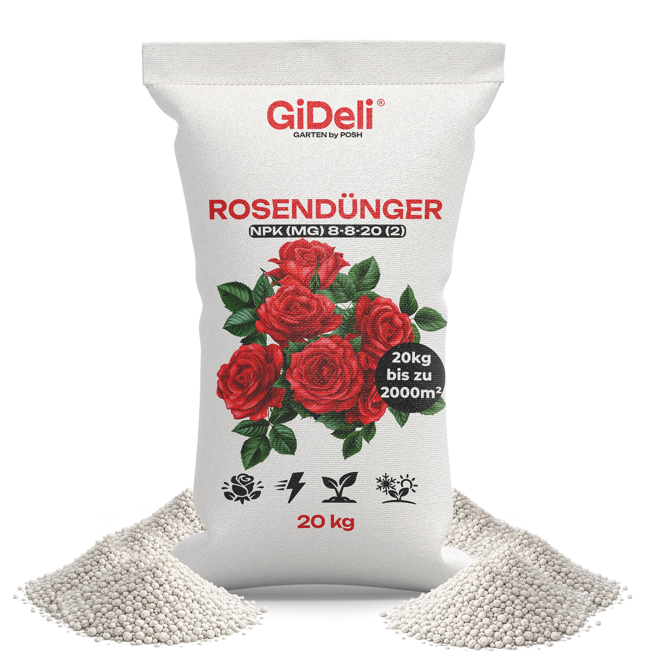 GiDeli Rosendünger 20 kg - Granulat für Rosenbeete und Zierhecken | ergiebiger Vorrat für Dauerbedarf, viel Kalium für Trockenheit und Frost, wenig Chlorid schont die Wurzeln