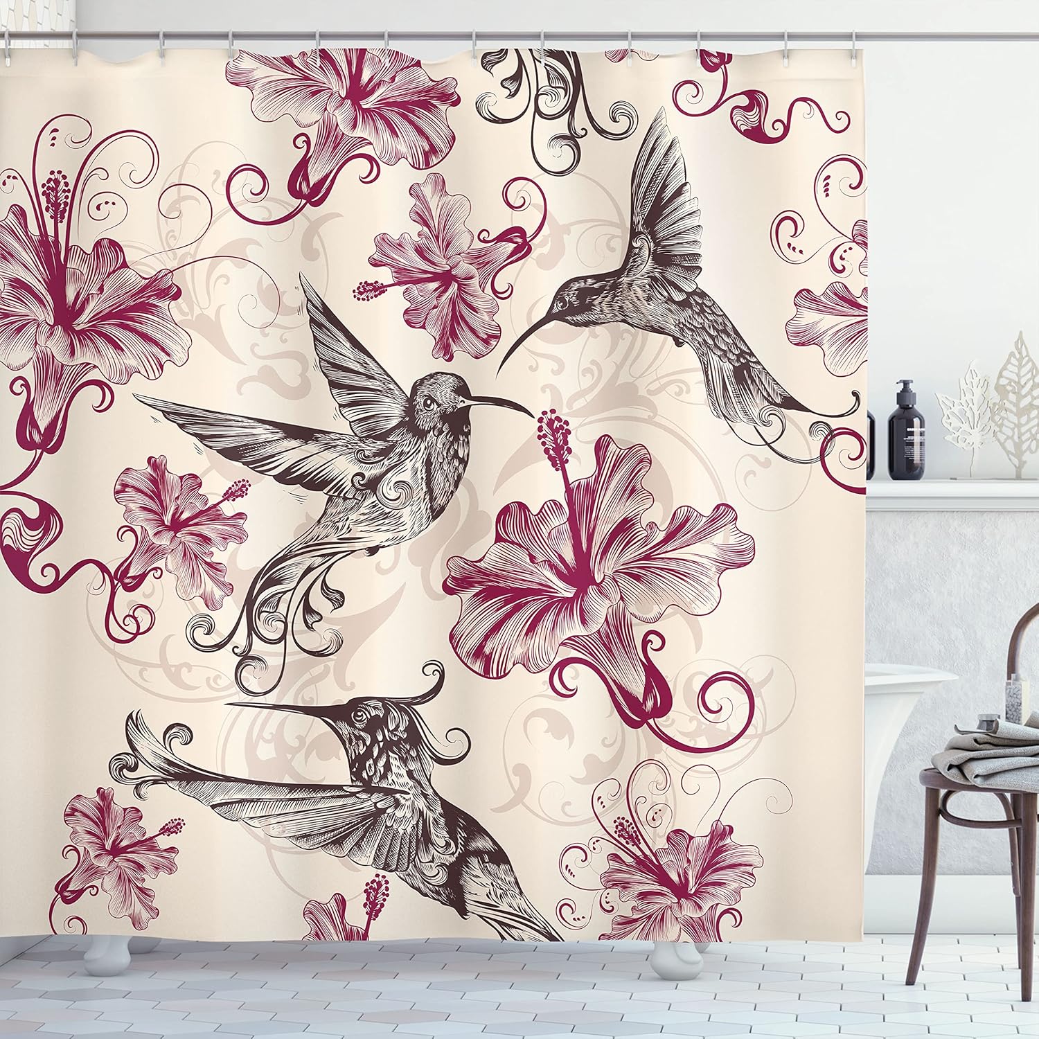 Ambesonne Hummingbirds Shower Curtain, Birds and Flowers Swirl Flourish Antique Old Ornament Pattern, Cloth Fabric Bathroom Decor Set with Hooks, 69" W x 70" L, Maroon Black