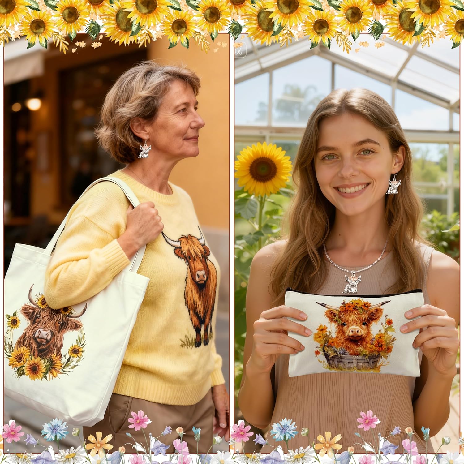 Highland Cow Gifts for Women Highland Cow Stuff Set - 16oz Glass Cup Tumbler Makeup Bag Canvas Tote Bag Hair Claw Clips Socks Ballpoint Pens Necklace Earrings for Cows Lovers Birthday Christmas Gift - Image 4