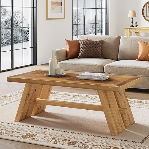 Miniatura 3 de Mesa de centro de madera maciza, mesa central rectangular de 47 pulgadas, patrón geométrico de grano de madera, marrón