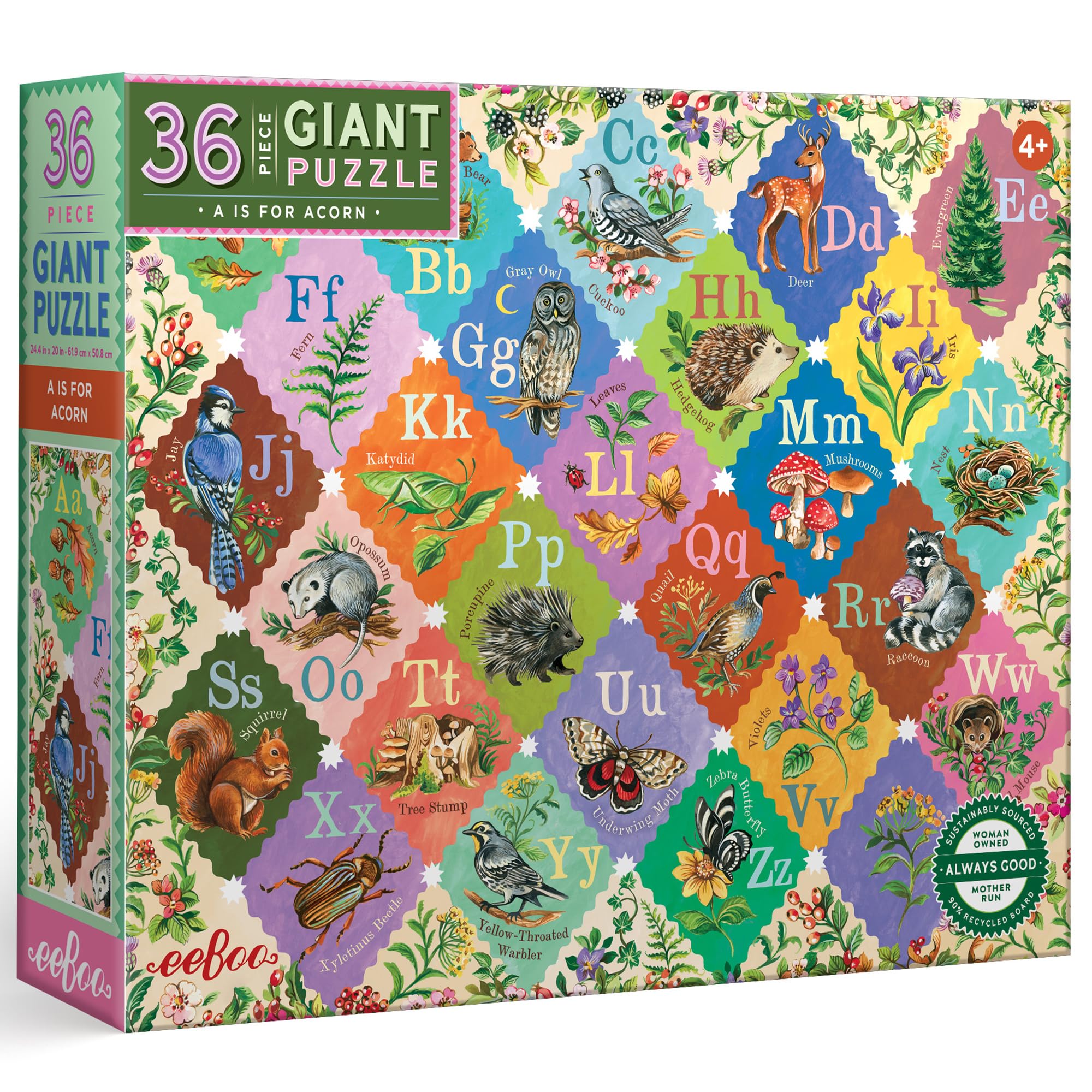 eeBoo: A is for Acorn – 36-teiliges riesiges Bodenpuzzle – 24 x 20 ABC Woodland Animal & Nature Jigsaw, übergroße Teile, Alphabet frühes Lernen, Kinder ab 4 Jahren