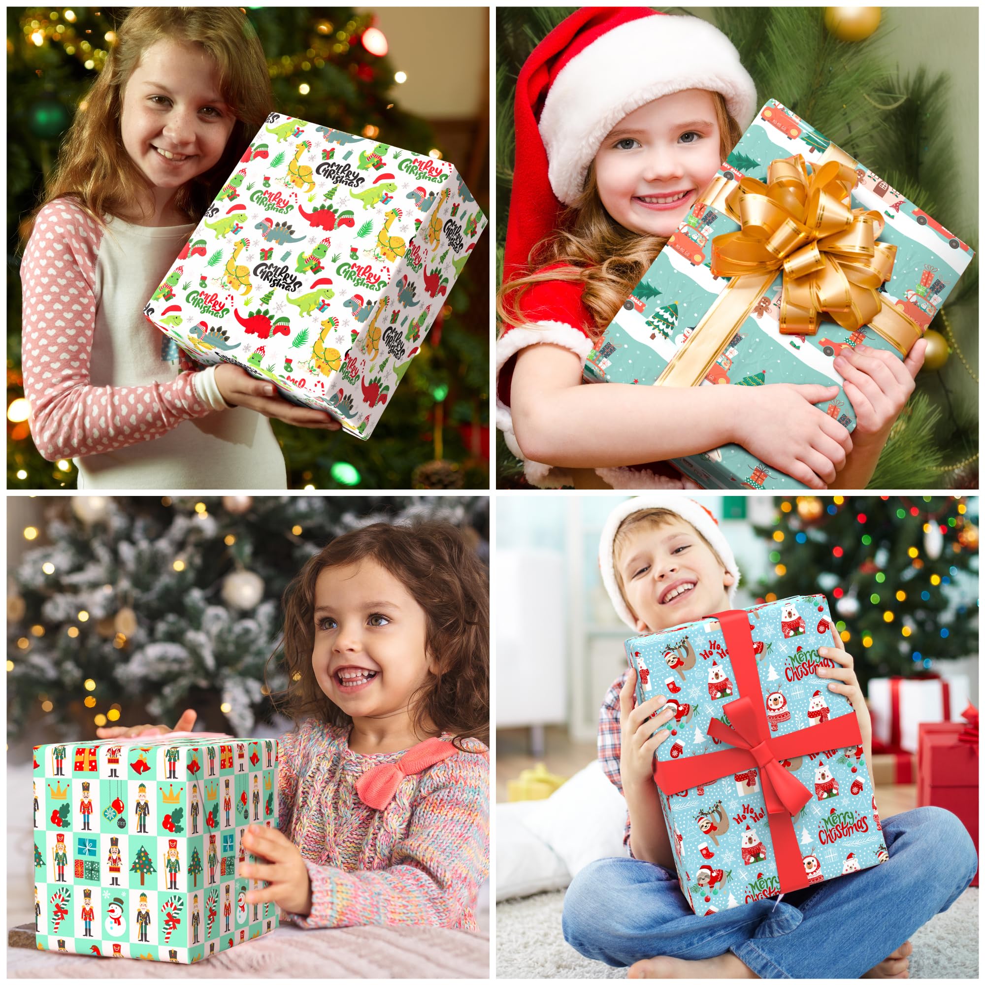 MotiGiftie Weihnachts-Geschenkpapier für Jungen und Mädchen – Weihnachtsmann, bunte Dinosaurier, Pinguin, Weihnachtsbaum, Nussknacker-Designs – Urlaubs-Geschenkpapier für Festival, 12 Blatt, je 50,8 x