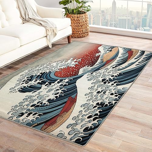 Kanagawa - Alfombras de onda japonesa de 3 x 4 pies para entrada, dormitorio, sala de estar, lavable, antideslizante, suave, alfombra de pelo corto,