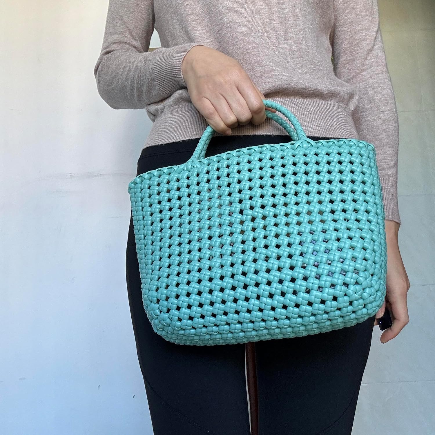Handwoven Tote Bag, Turquoise Blue Woven Design, 12 x 8inches