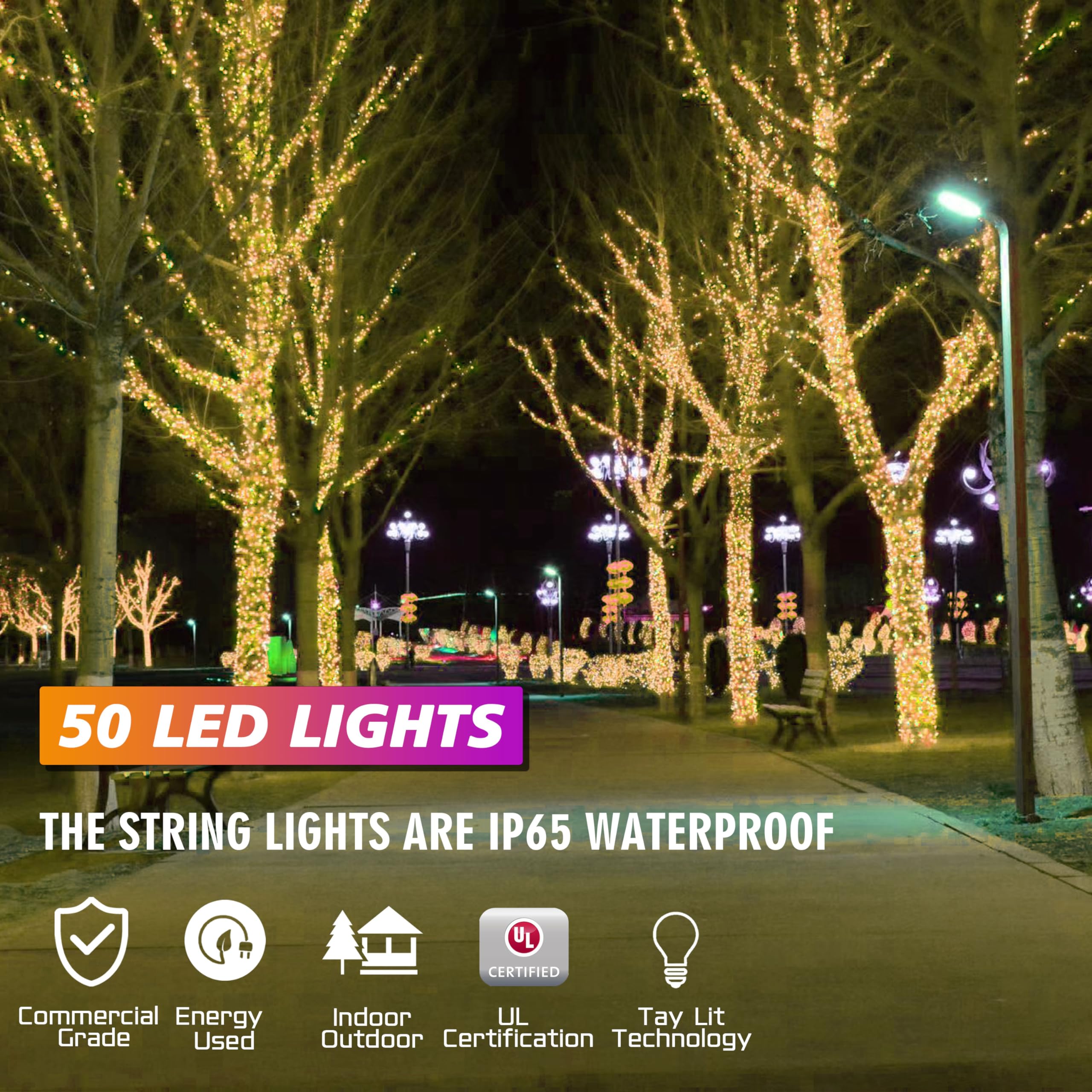 25ft Warm White LED Christmas Lights - 50 Count Outdoor String Lights UL Certified
