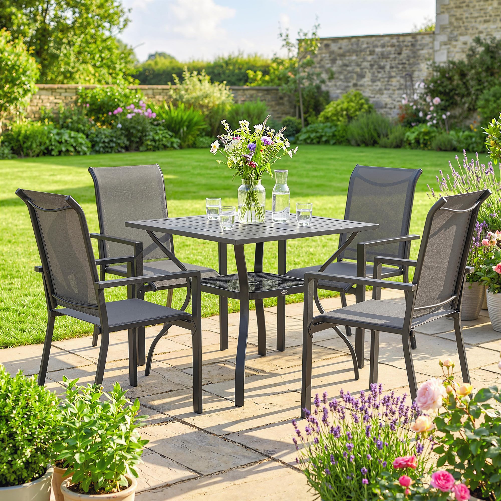 Outsunny Set Tavolo e Sedie da Giardino 5 Pezzi, Set da Pranzo con Tavolo, Foro per Ombrellone, 4 Sedie Impilabili in Texteline, Struttura in Acciaio, Set Mobili da Giardino per Terrazza Patio, Grigio