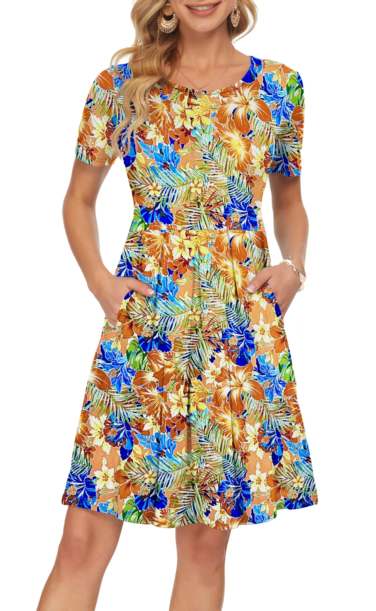 AUSELILY Women's Short Sleeve Pleated Swing Summer Dress with Pockets