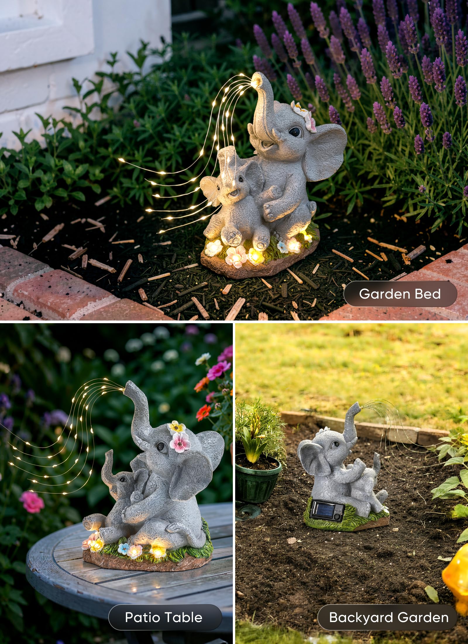 The Brightown Solar Elephant Garden Decor Statue features a mother and baby elephant design with dual LED lighting effects.