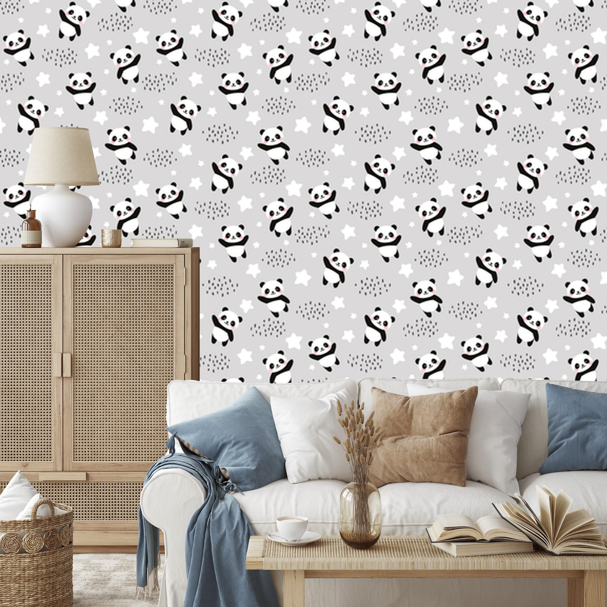 Vliestapete Pandas zwischen den Sternen 50 x 1000 cm | Ausdrucksstarke Bildgestaltung; Charaktervoller Raumschmuck; Harmonische Akzentfläche; Kleister im Set