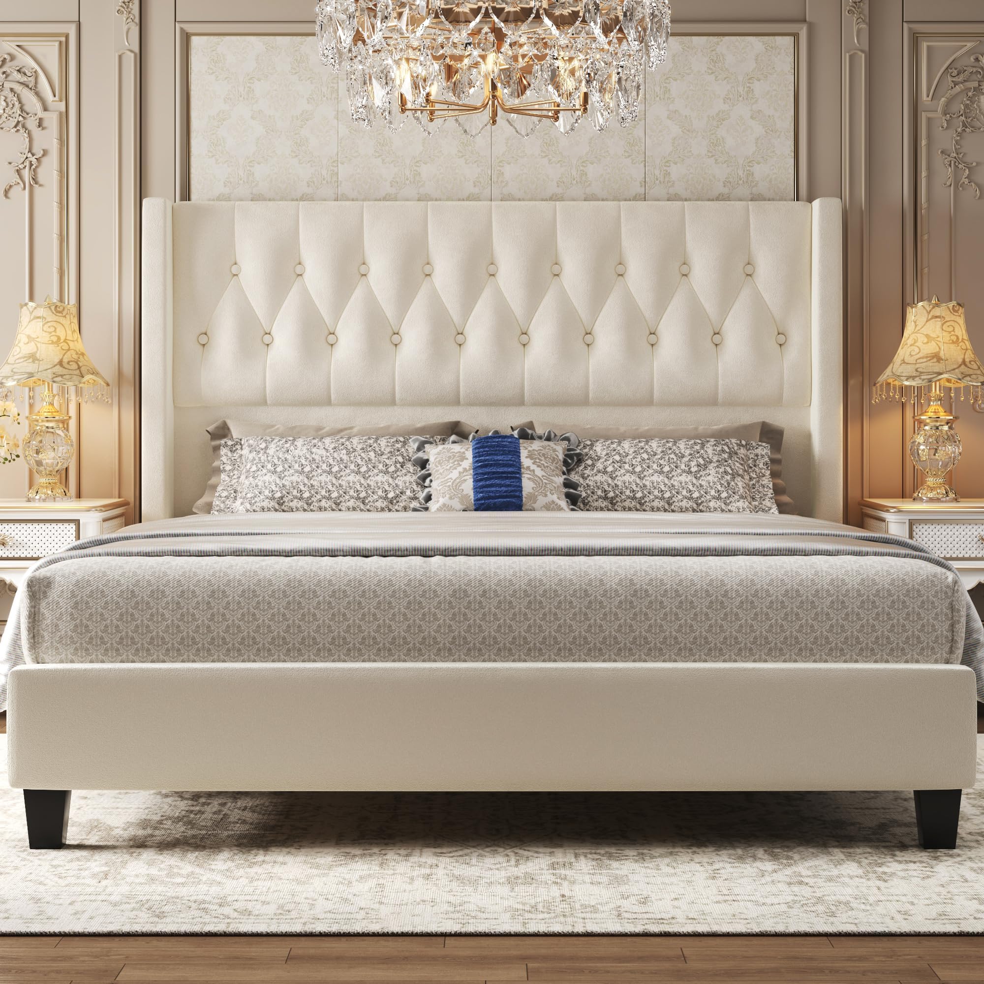 HISOFT Queen Bed Frame, Velvet Upholstered Queen Platform Bed with 48.8" Tall Wingback Headboard, Button Tufted, No Box Spring Needed, Noise-Free, Cream