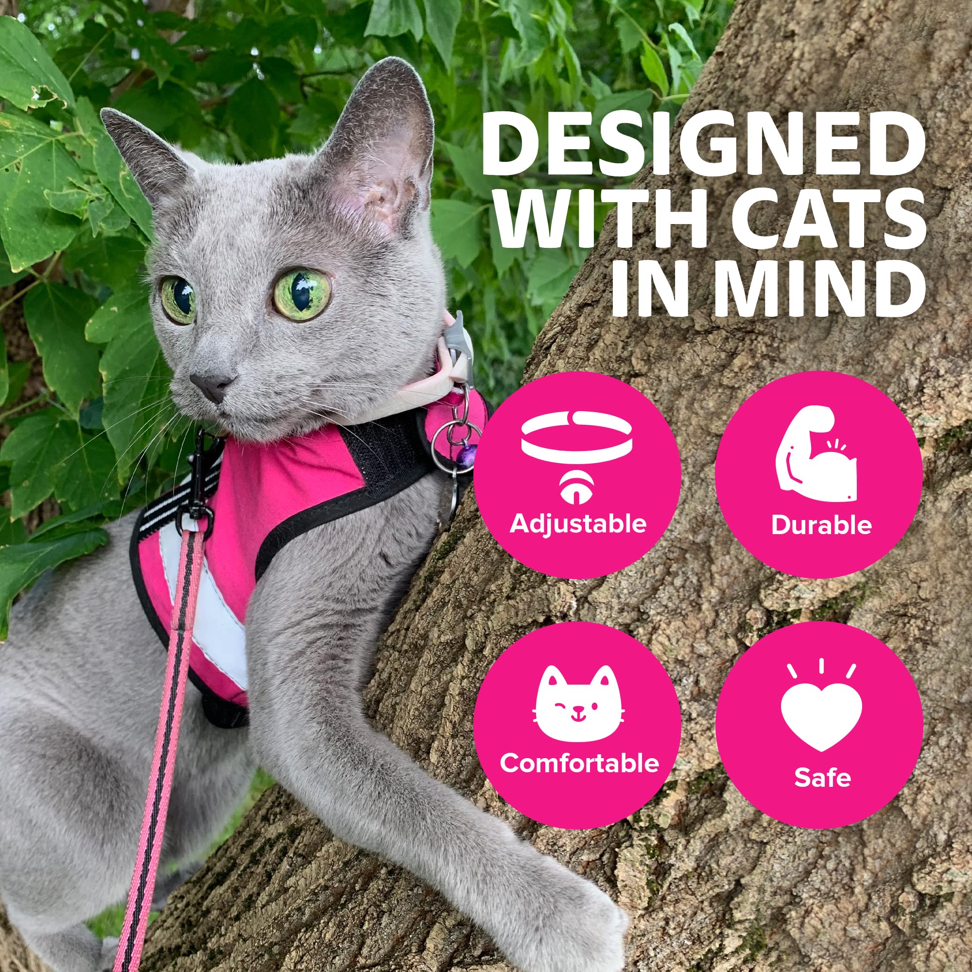 Kitty Holster Harnais réfléchissant pour chat, gilet haute visibilité de jour et de nuit pour la promenade et les voyages, coton respirant et lavable, M à L, rose (Flamingo Pink)
