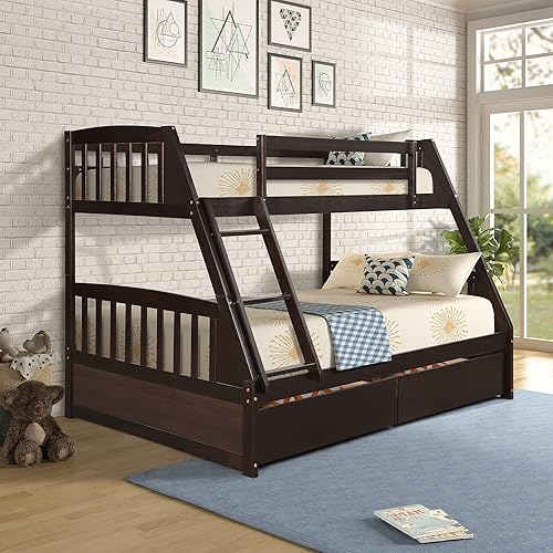 Solid Wood Twin Over Full Bunk Bed with Two Storage Drawers,for Kids Boys Girls Teens Adults Bedroom Use (Twin Over Full, Espresso@Drawers)