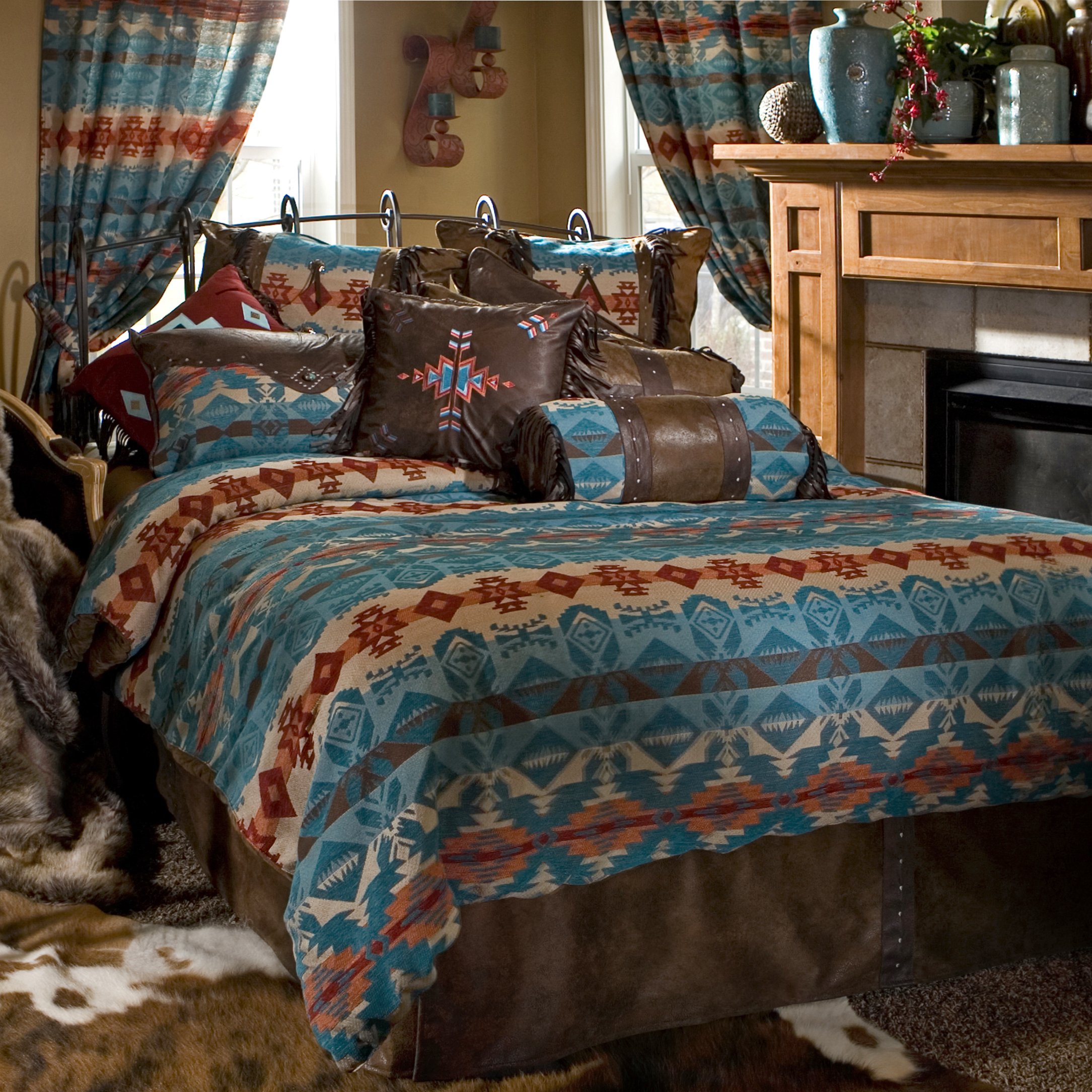 Carstens Rustic Western Southwestern Comforter Set Brown Turquoise Red and Orange 5PC Mojave Sunset (Queen) R4L6101-5