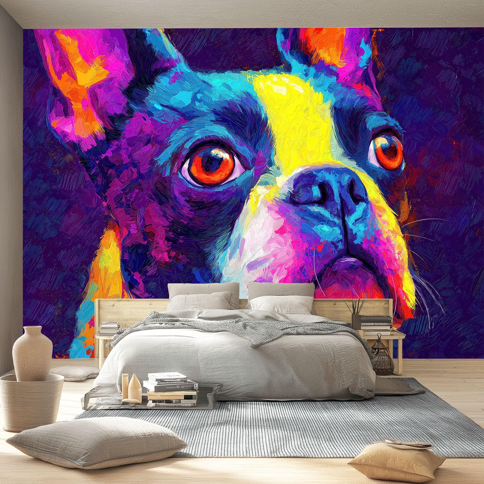 Tapeta z motywem 250 x 175 cm, abstrakcyjny bostoński terrier tapeta z motywem do pokoju dziecięcego i kącika do majsterkowania, kolorowa