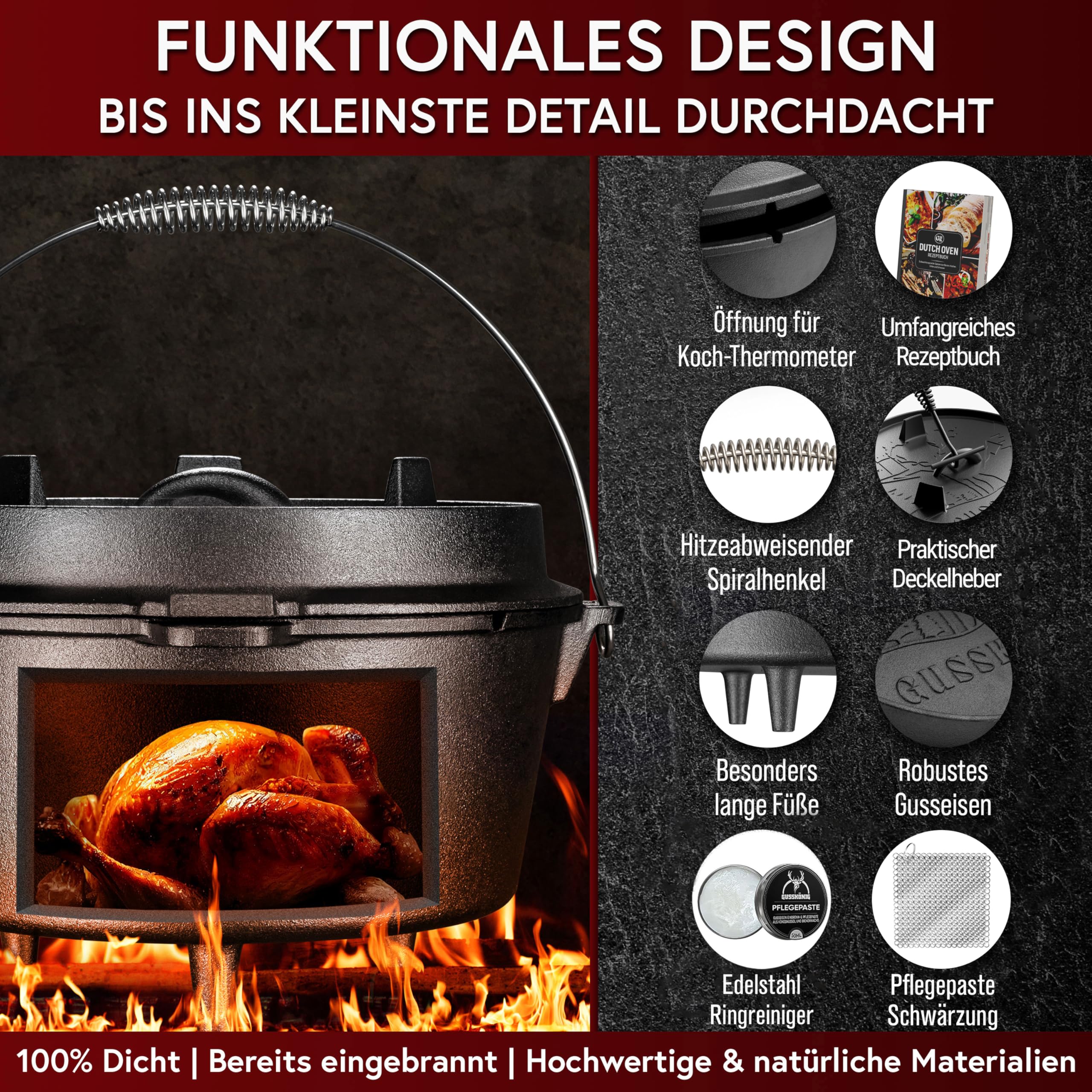 GUSSKÖNIG Essential Line Dutch Oven Set [für 3–6 Personen] – 5,5L Topf & 1,5L Deckel, eingebrannter Feuertopf mit Füßen, inkl. Deckelheber, Ringreiniger, Pflegepaste & Rezeptbuch – 30 Jahre Garantie