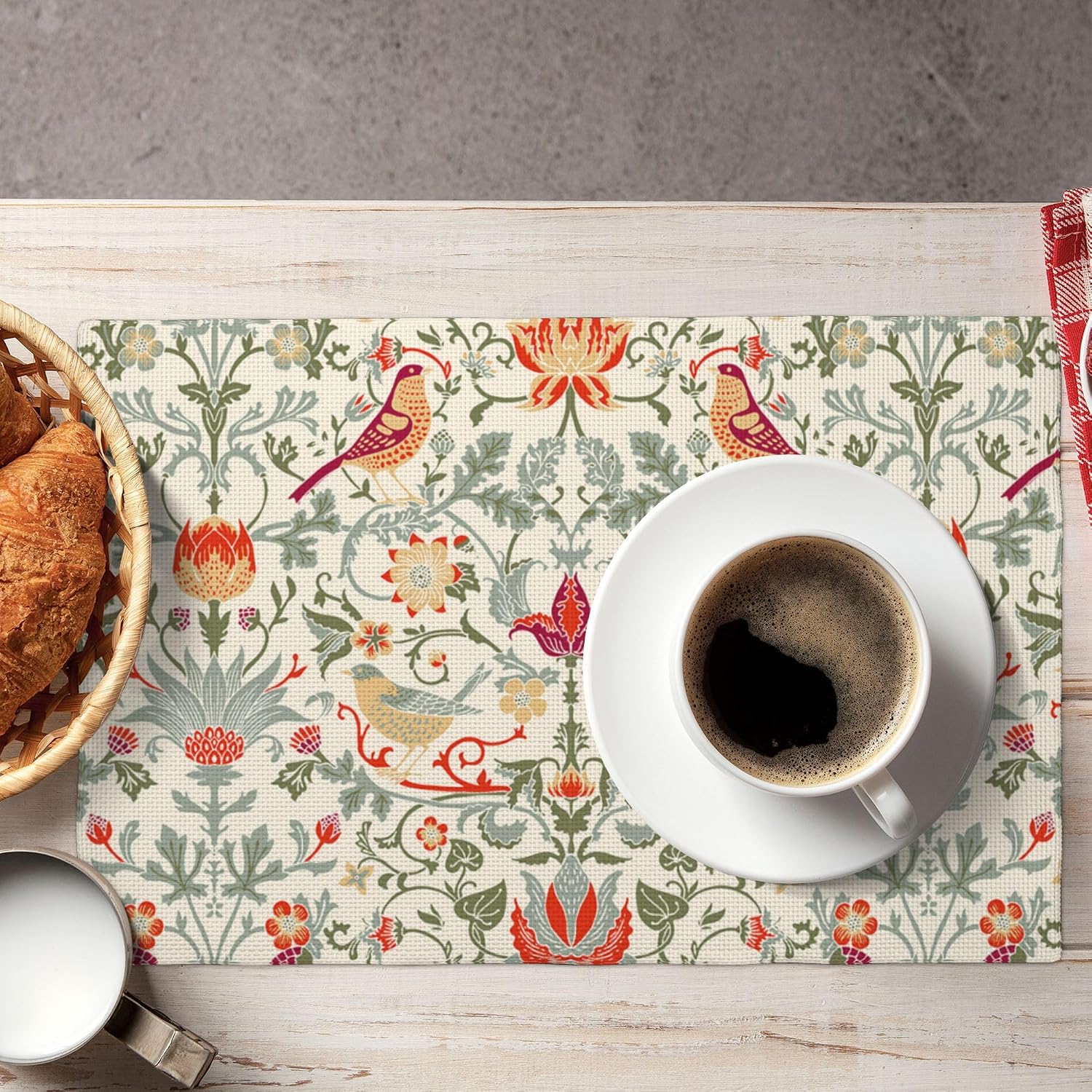 William Morris Placemats Set of 6, Strawberry Thieves Heat Resistant Non-Slip Washable Placemats for Kitchen Dining Party Indoor Outdoor, 12x18 Inches