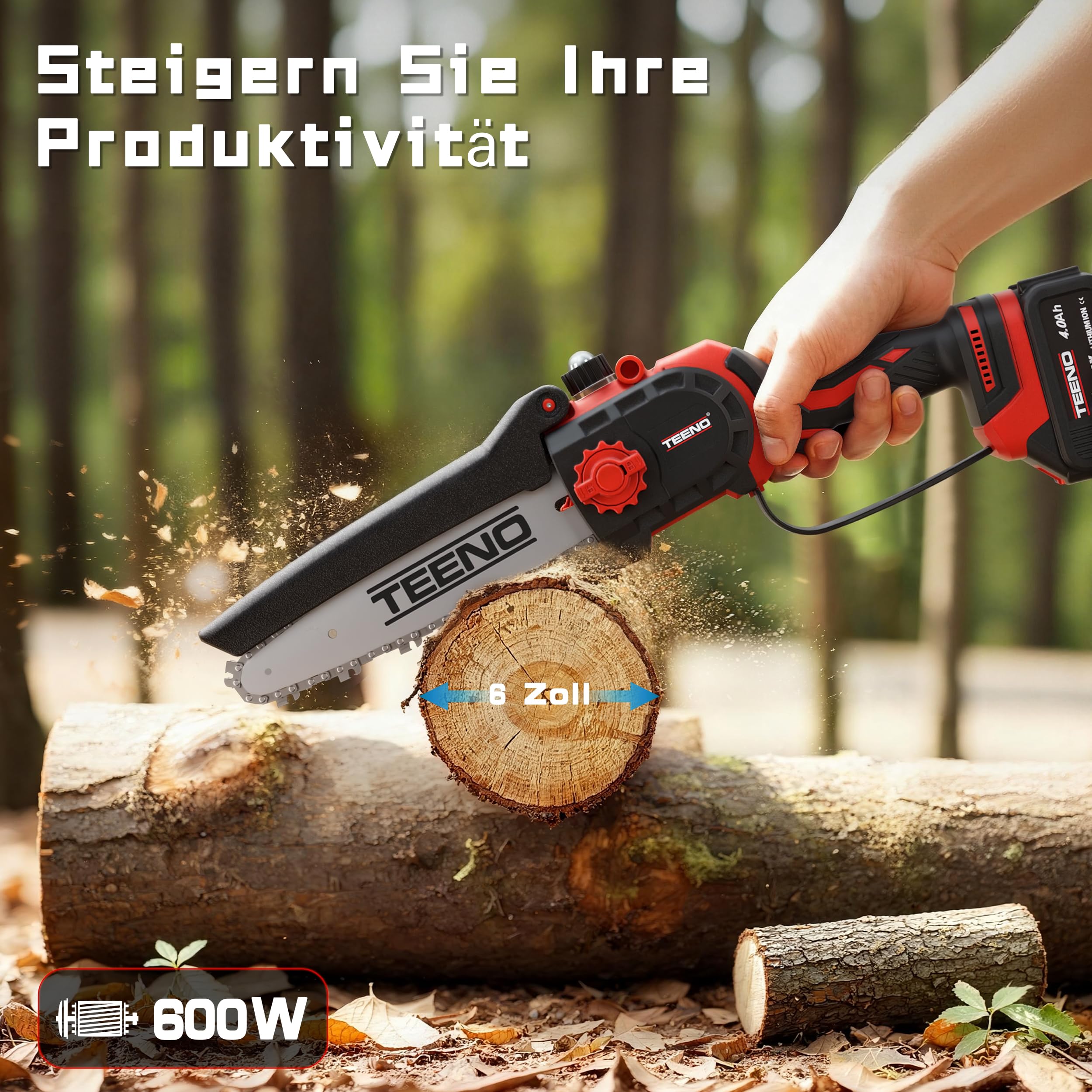 TEENO 2-in-1-Gartenwerkzeug-Set: Mini-Kettensäge mit Akku 6 Zoll + elektrische Gartenschere, kabellos, 0 – 40 mm, 2 x 4,0 Ah Batterien, Klingen aus SK5-Stahl für Schneiden von Stämmen und Ästen