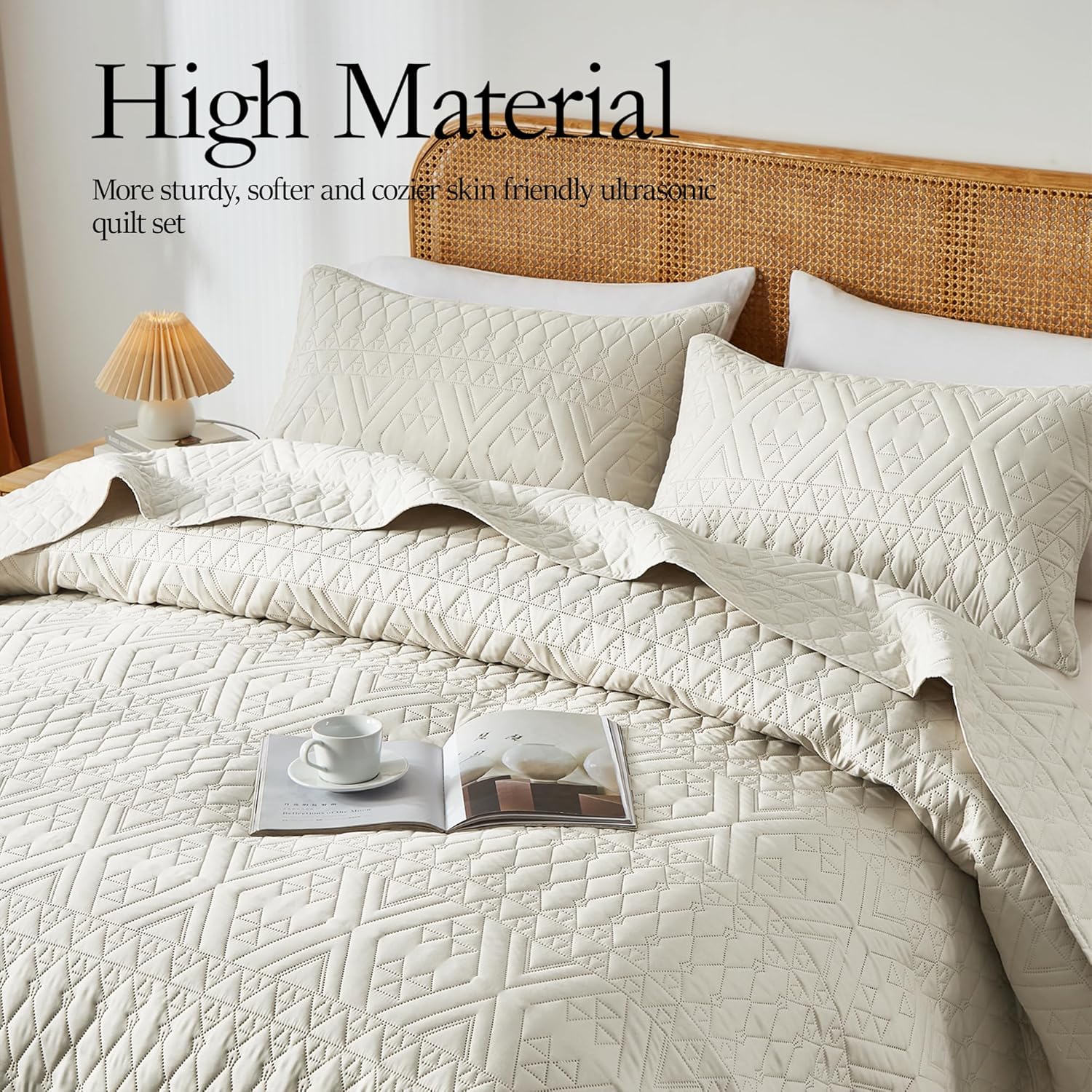 akkialla King/Cal King Quilt Set, Boho Style in a Solid Color, Cream Lightweight Microfiber Bedspread, Soft and Breathable Coverlet for All Seasons, 3-Piece Bedding Set (1 Quilt, 2 Pillow Shams) - Image 3