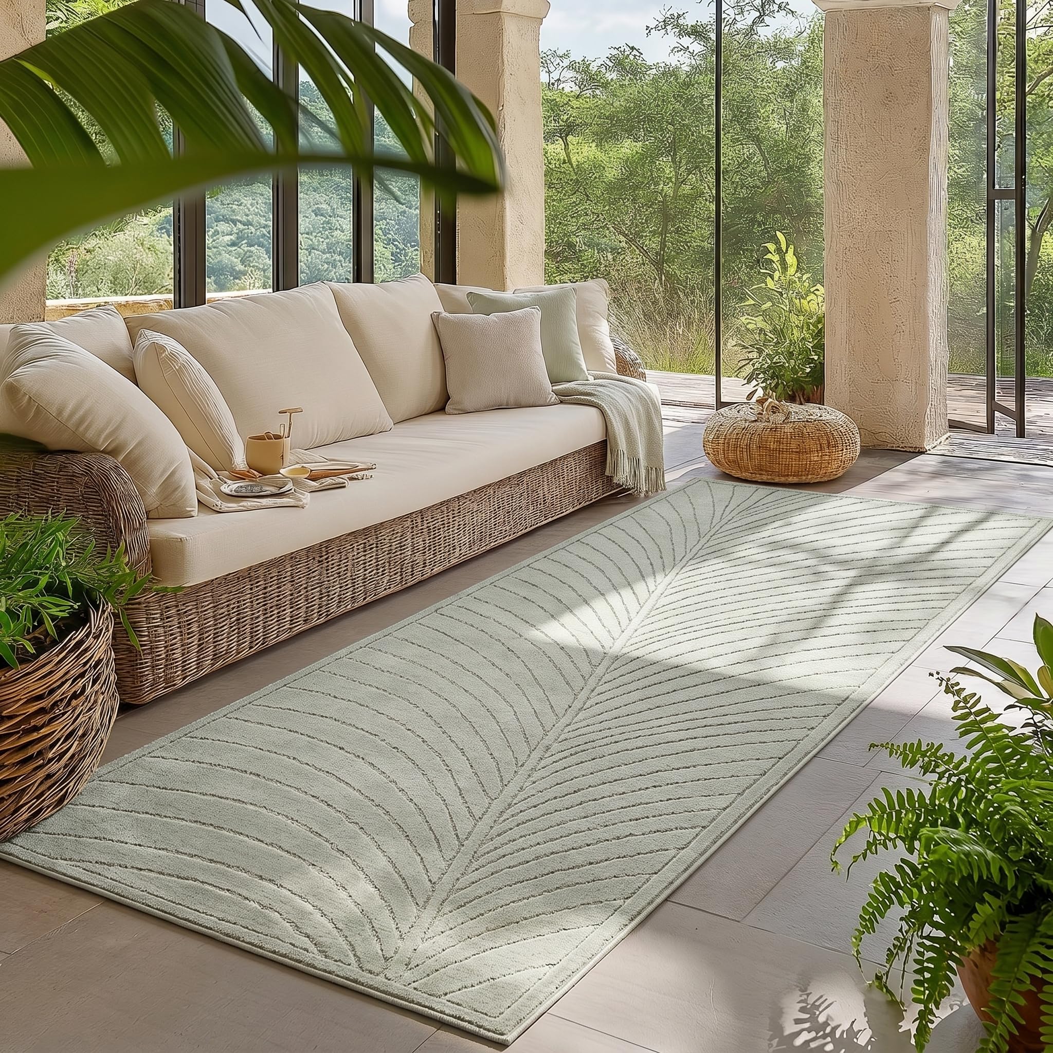 HomebyHome Kurzflor Teppich Wohnzimmer Schlafzimmer 3D Hoch-Tief-Effekt, Skandinavisch Boho Motiv, für Outdoor Bereich geeignet Terrassen oder im Balkon