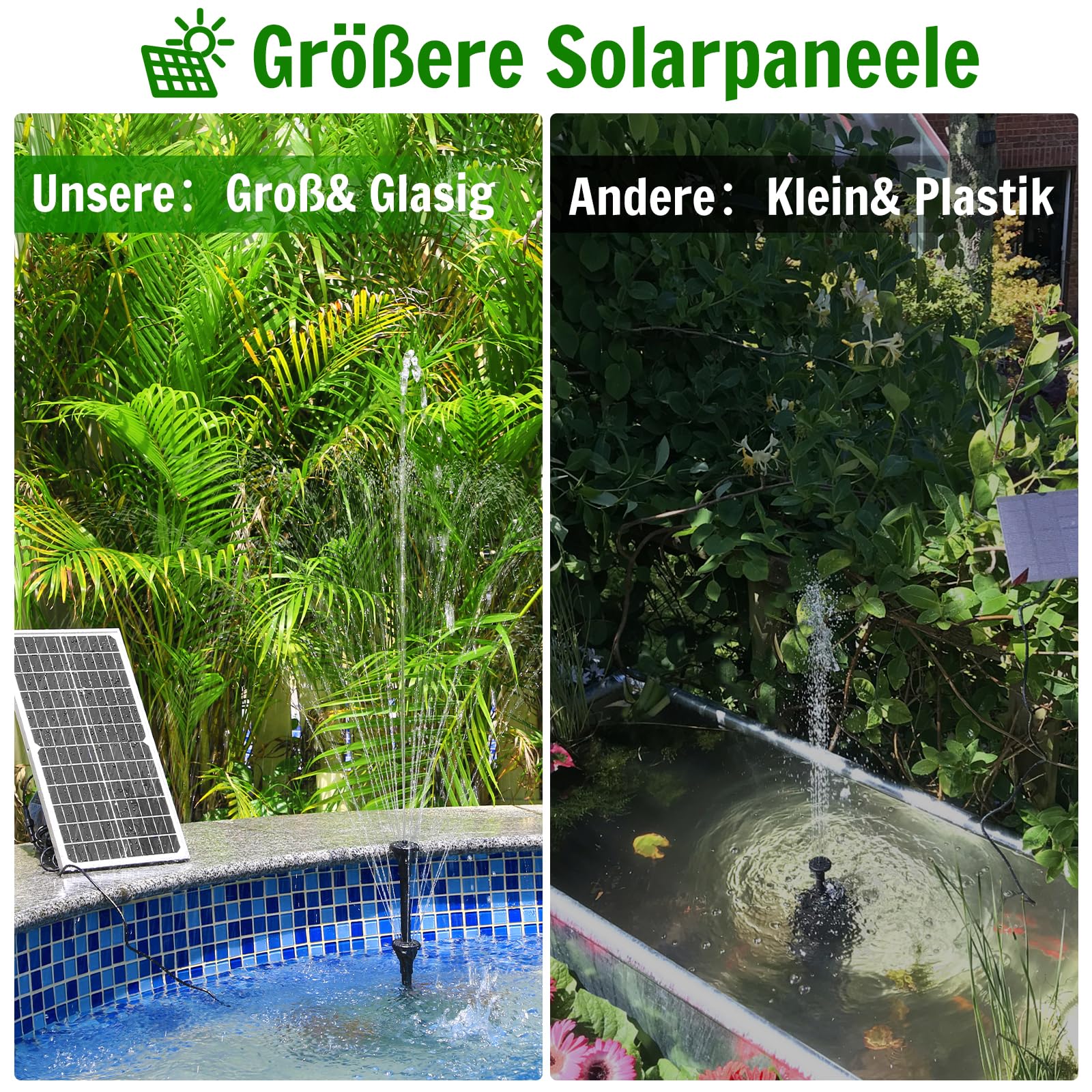 AMZtime 15W Solarbrunnen für Draussen, Solar Teichpumpe mit 6 Sprüh Effekten, Solar Fontäne Pumpe für Garten