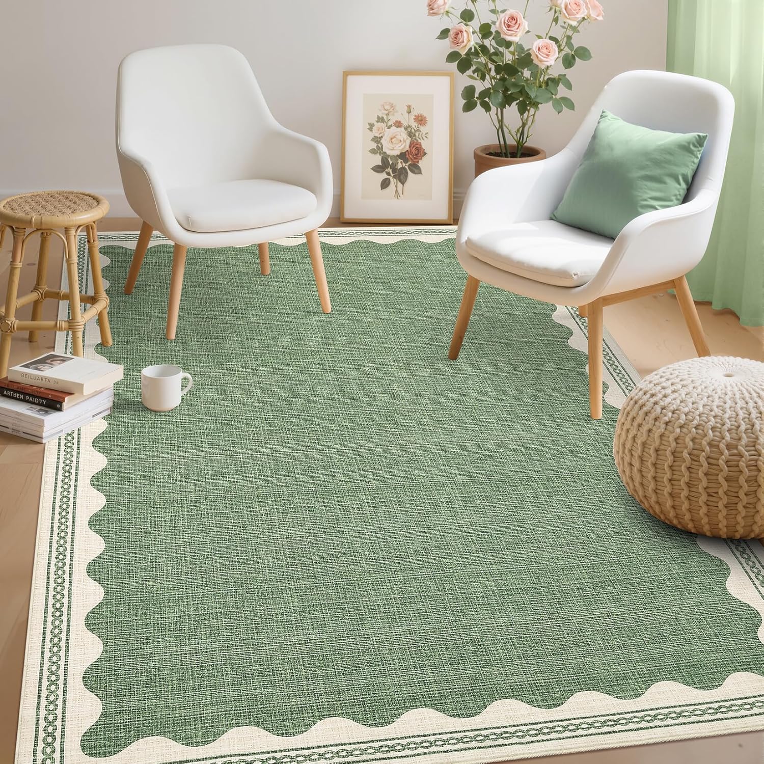 GarveeHome Scalloped 4x6 Rug Non-Slip Washable Low-Pile Carpet - Solid Sage Green Modern Rugs for Bedroom Living Room Nursery Kitchen Entryway Indoor Mat with Rubber Back Sage Green 4' x 6' (Rectangular)