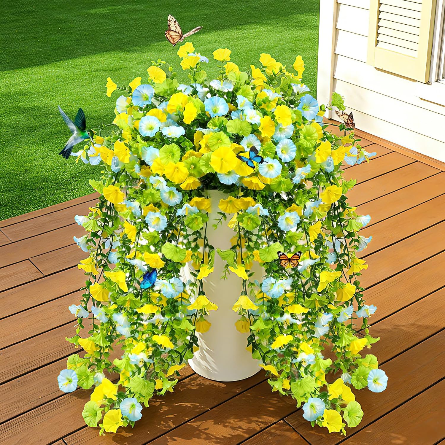 UV Resistant Cascading Artificial Hanging Flowers for Outdoors Decoration,4 Bundles NO Fade Realistic Faux Silk Plants Colorful Morning Glory for Outside Garden Yard Planter Front Porch Decor