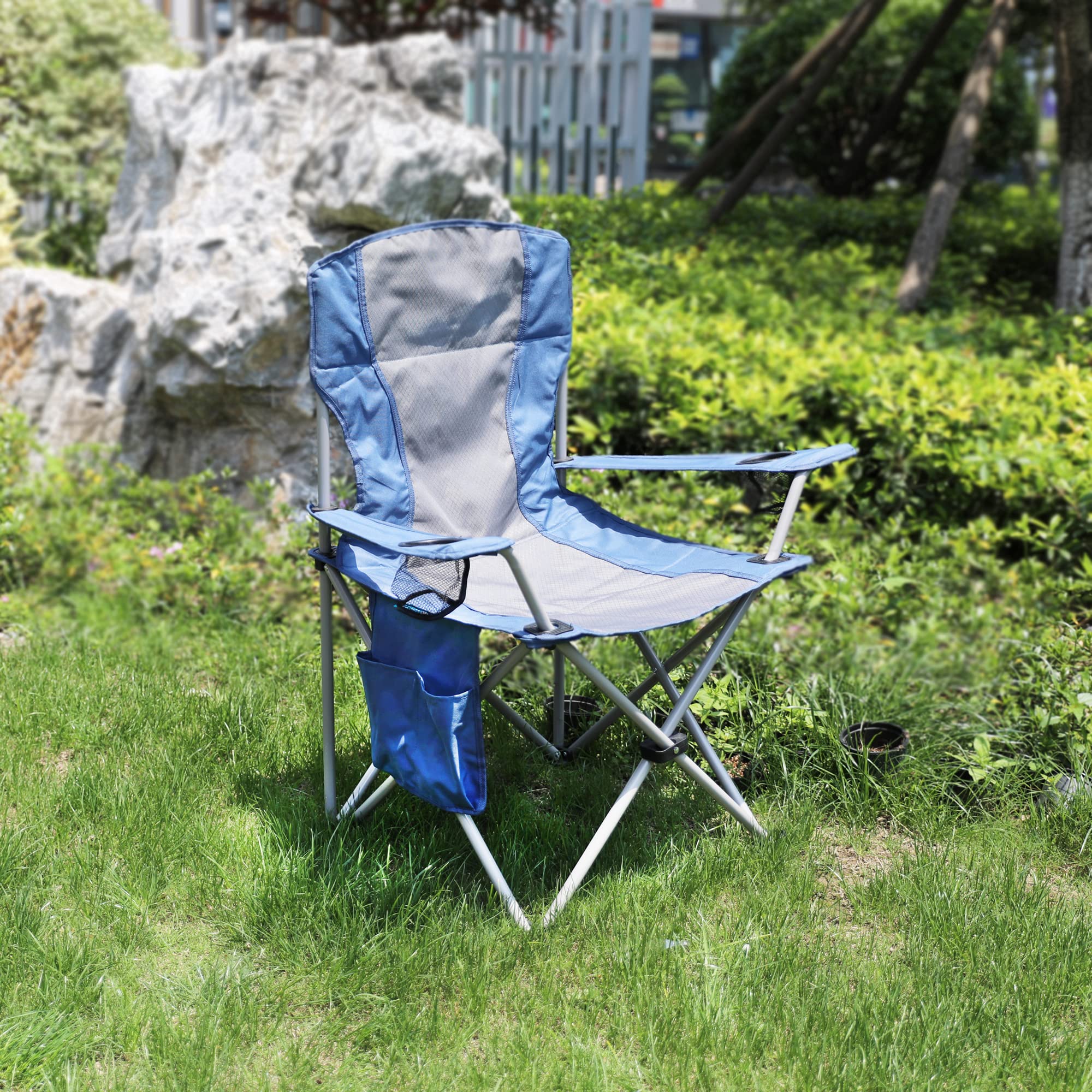 Homecall Chaise de camping pliable avec poche latérale (Gris/bleu)