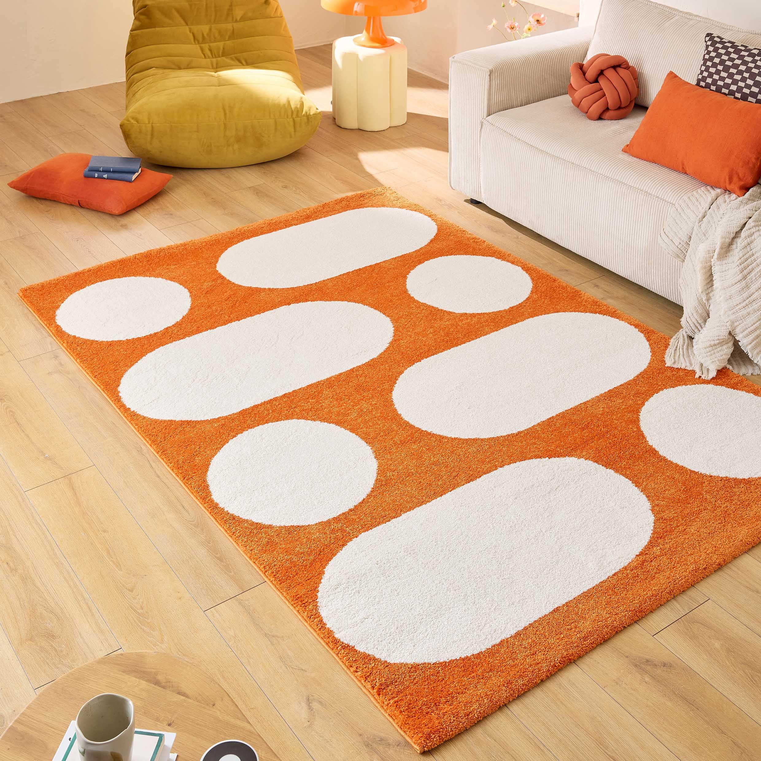 Nazar Tapis Groovy, Coloré, Vintage, Rétro, Géométrique, Orange, Jaune, Rose, Rouge, Moelleux et Confortable, Tapis Salon (381 Orange, 120x160 cm)