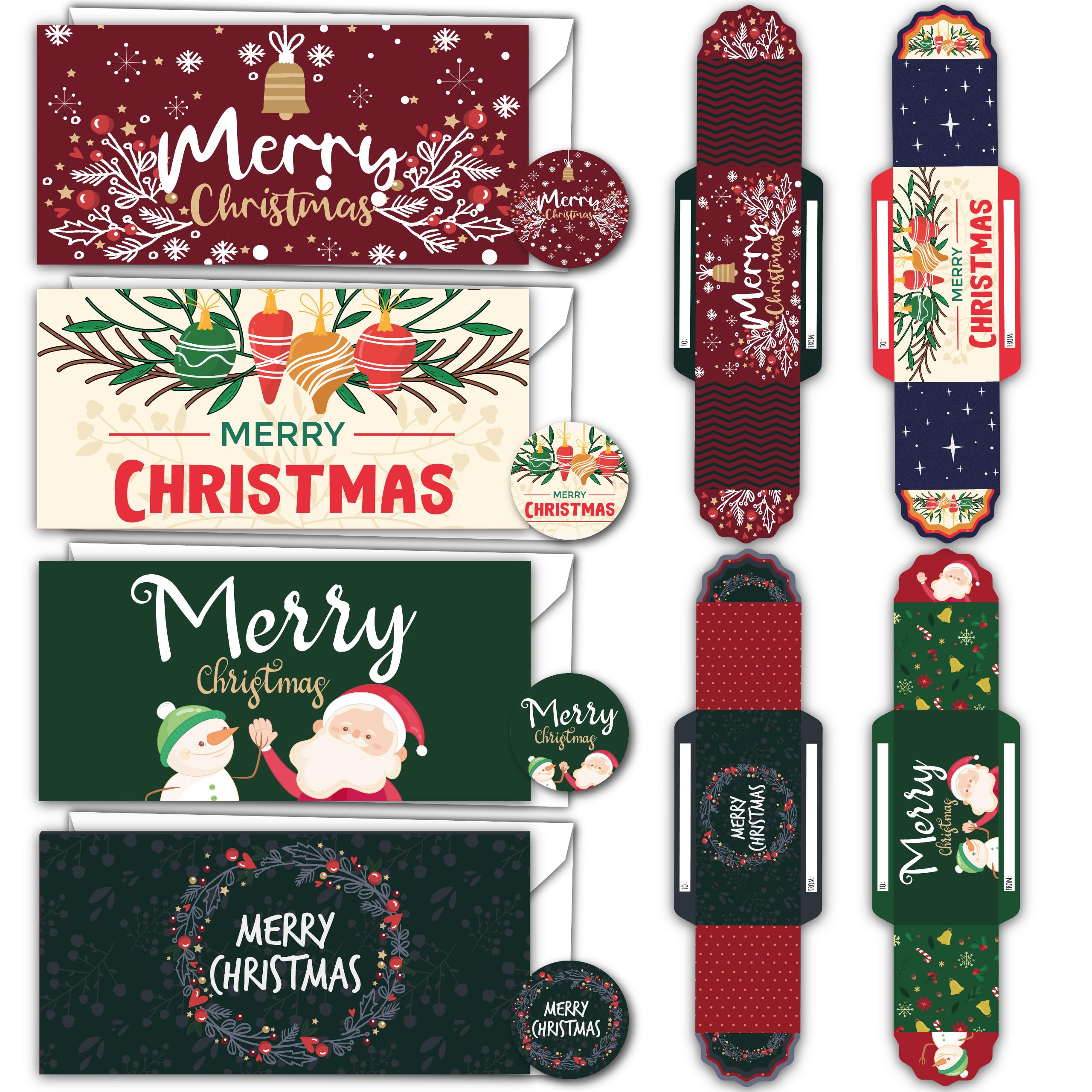 SIMPLY GIFTED Christmas Money Wallets Pack of 4/8/12 – Xmas Money Wallets for Cash Gifts 4 Cute Merry Design with Envelopes & Stickers- 8x16cm Christmas Money Holder for Festive - Made in UK