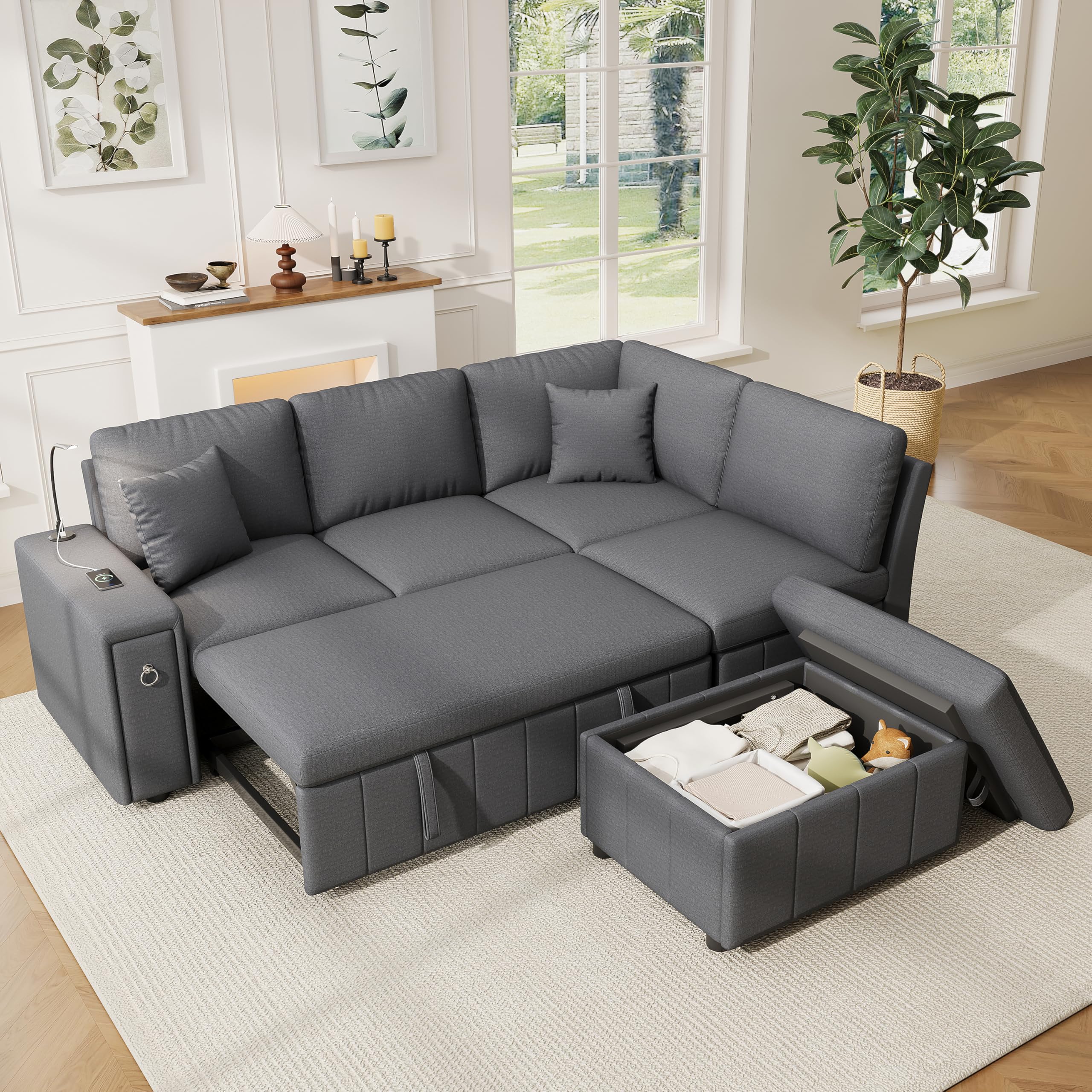 Ecksofa mit Schlaffunktion & Ausziehbett – Modulare Couch für Wohnzimmer & Heimkino, mit USB/Type-C, Leselicht, klappbarem Tisch, Getränkehaltern, Stauraum-Hocker, Leinen, grau