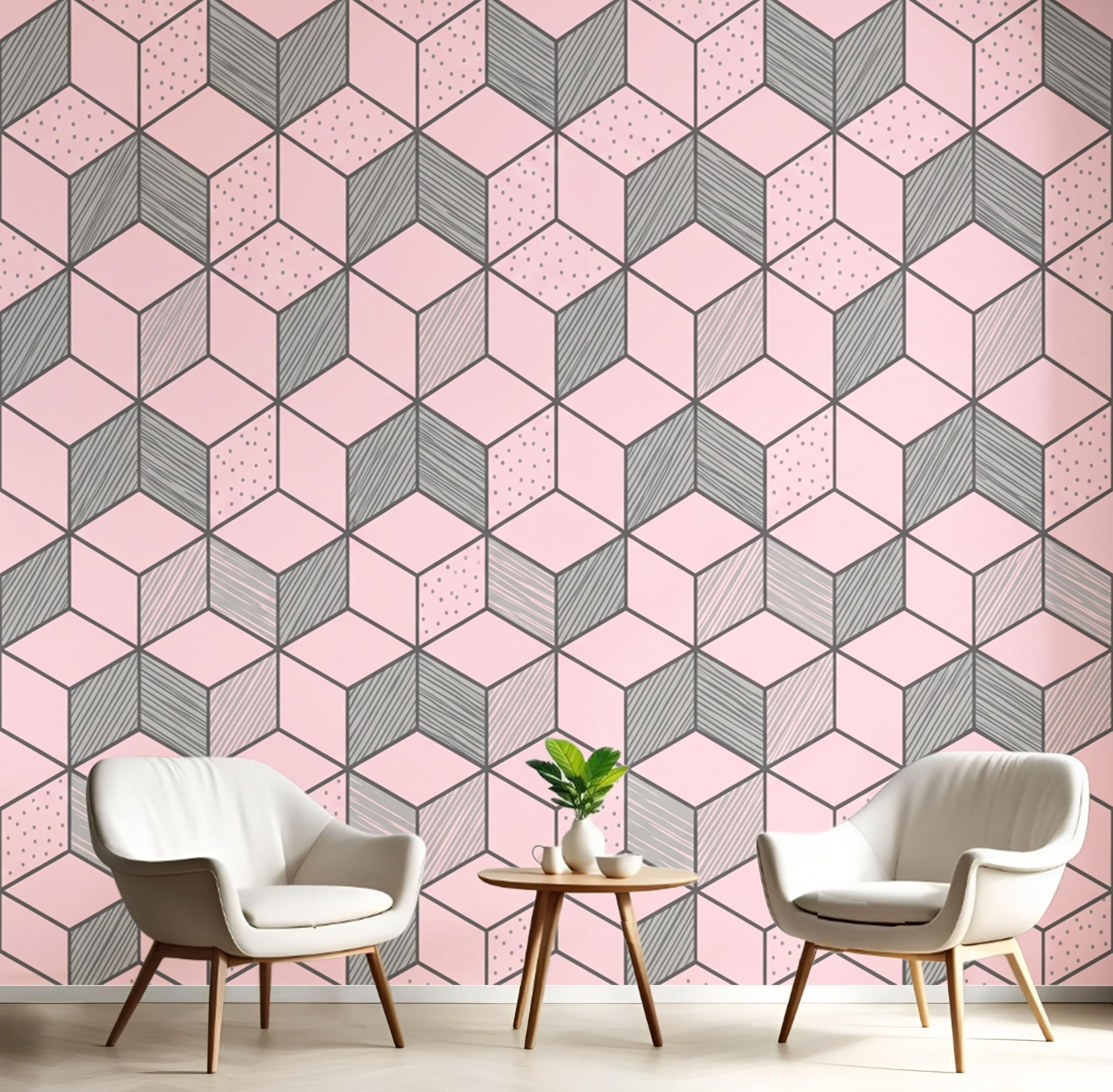 Papier peint panoramique en soie à motifs géométriques rose épuré de style cubique
