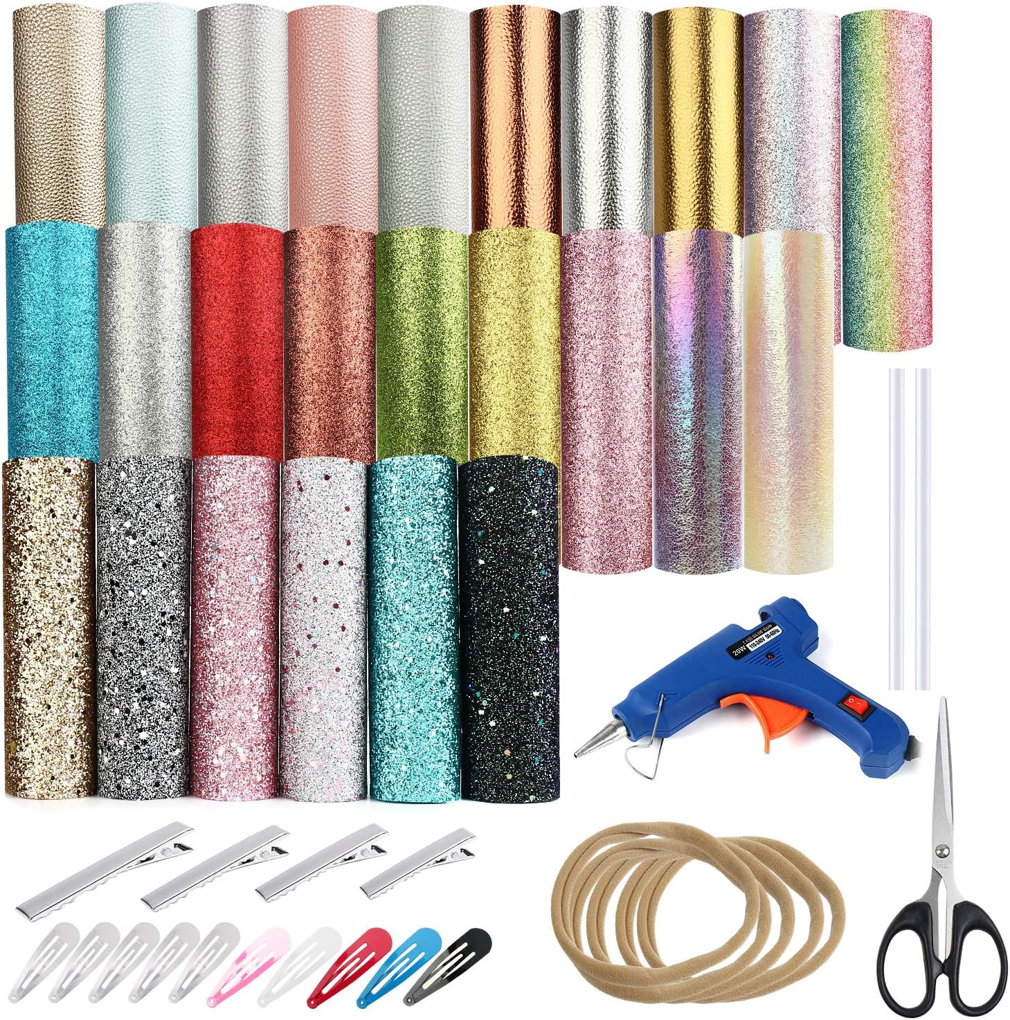 SIMPZIA 25pcs Faux Leather Sheets, 6 Styles Leather Bows Fabric Sheets with 20pcs Alligator Hair Clips, 10pcs Snap Hair Clips, Glue Gun for Bows DIY, Crafts Making