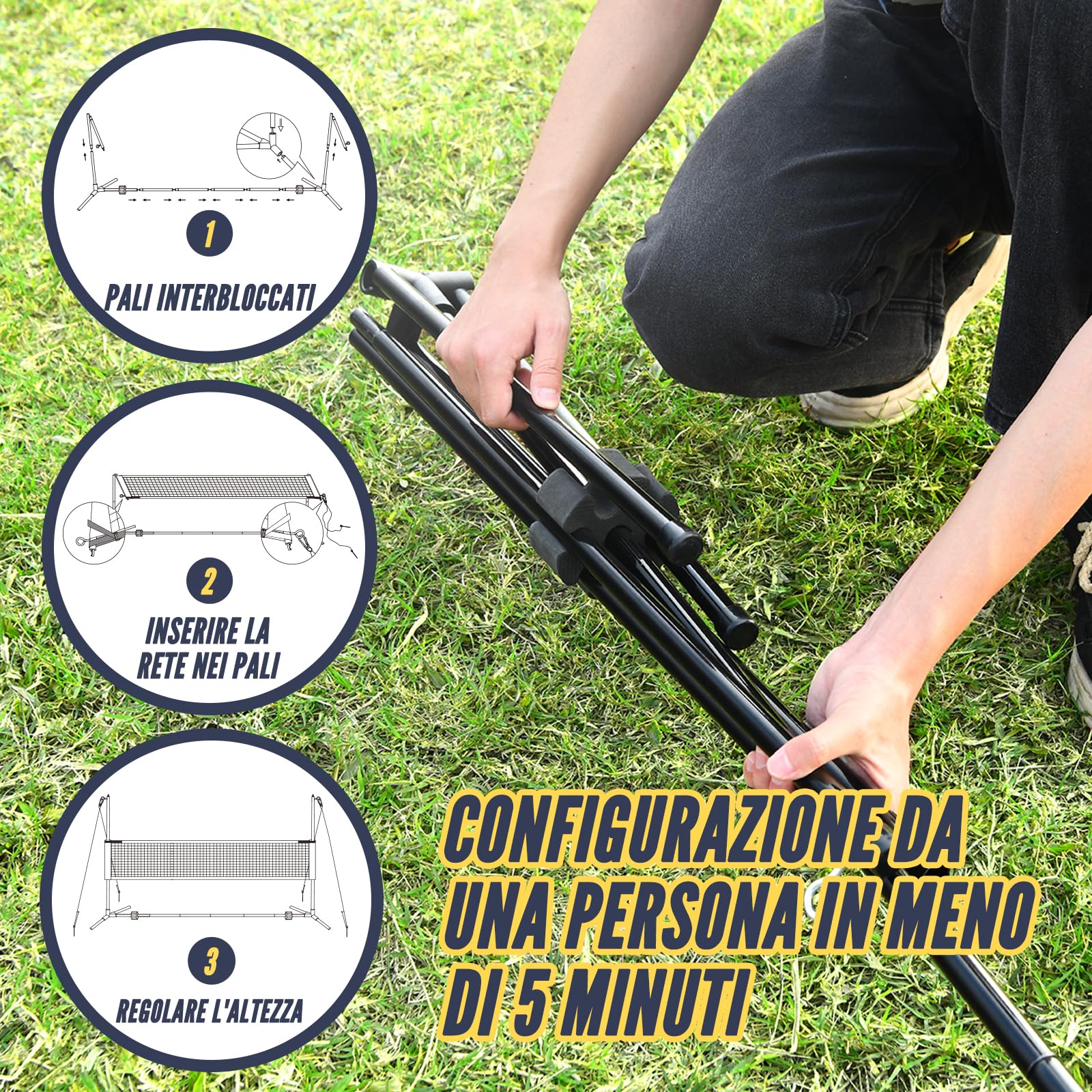 Vanku Rete da Pallavolo Professionale con Rete da Badminton, Set Combinato di Reti da Tennis con Pali, Pallavolo, Palle di Piuma d'Oca da Badminton, Altezza Regolabile, Facile Installazione