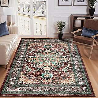 U'Artlines Boho Vintage Area Rug 5x7 Machine Washable Low Pile Ultra-Thin Soft Floor Carpet Non Slip Non Shedding Accent Rug for Living Room Bedroom Entryway Dining Room Office(Rust&Teal)