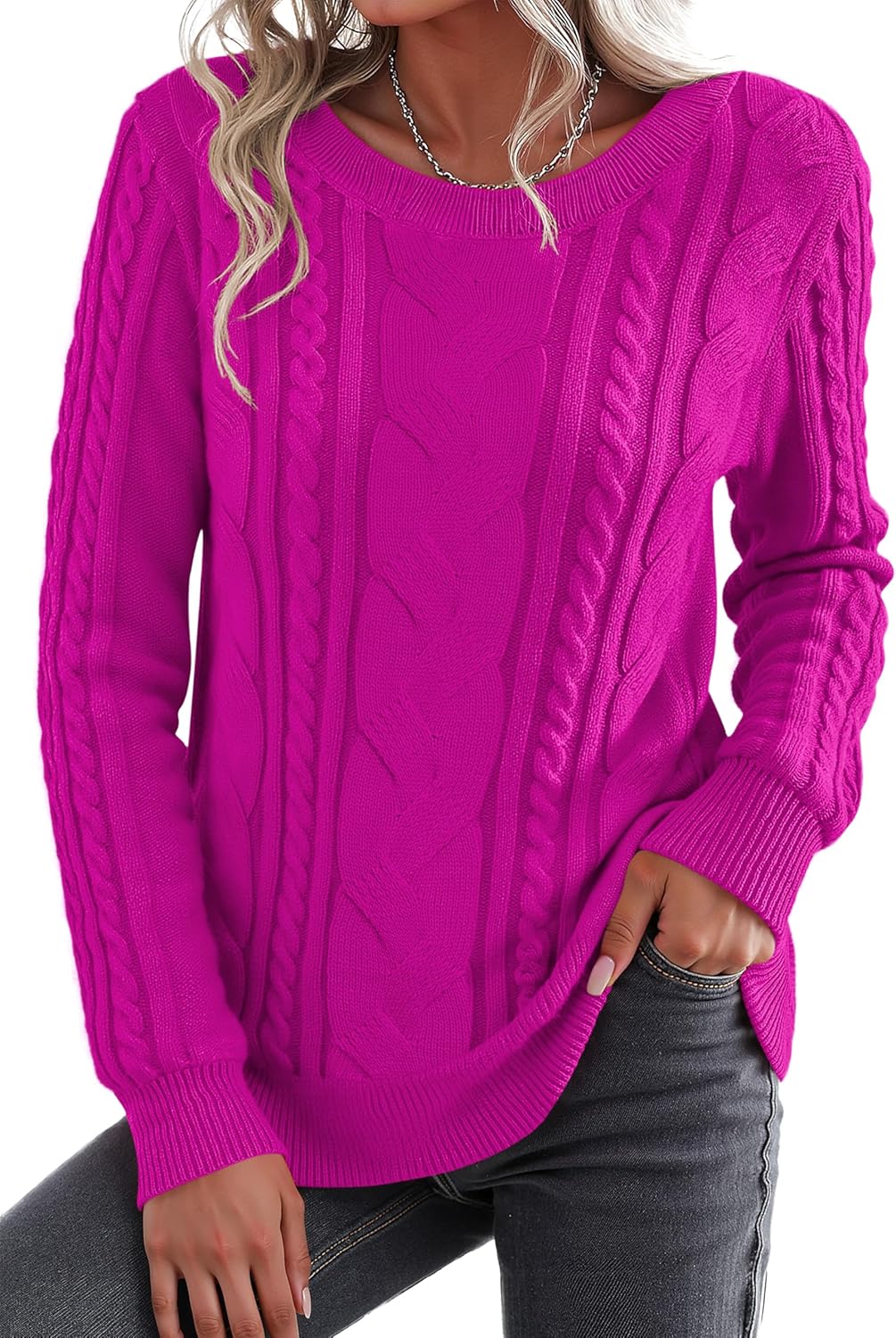 Jouica Women's Fall Fashion 2025 Cable Knit Crewneck Sweater Long Sleeve Cozy Winter Pullover Sweater