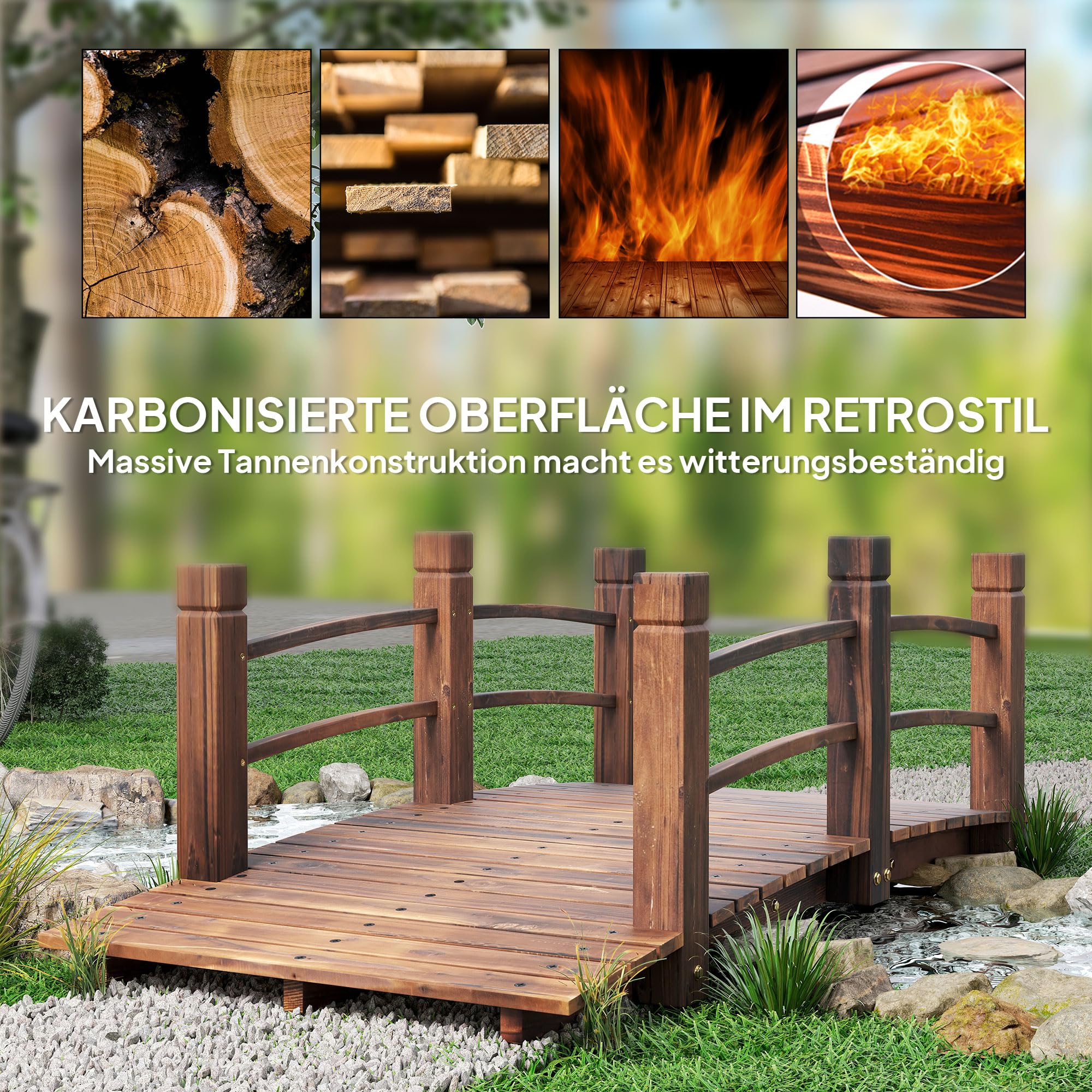 Outsunny Gartenbrücke Holzbrücke Holzsteg Teichbrücke Zierbrücke mit Geländer bis 180 kg Tannenholz Dunkelbraun 152,5 x 67 x 48 cm