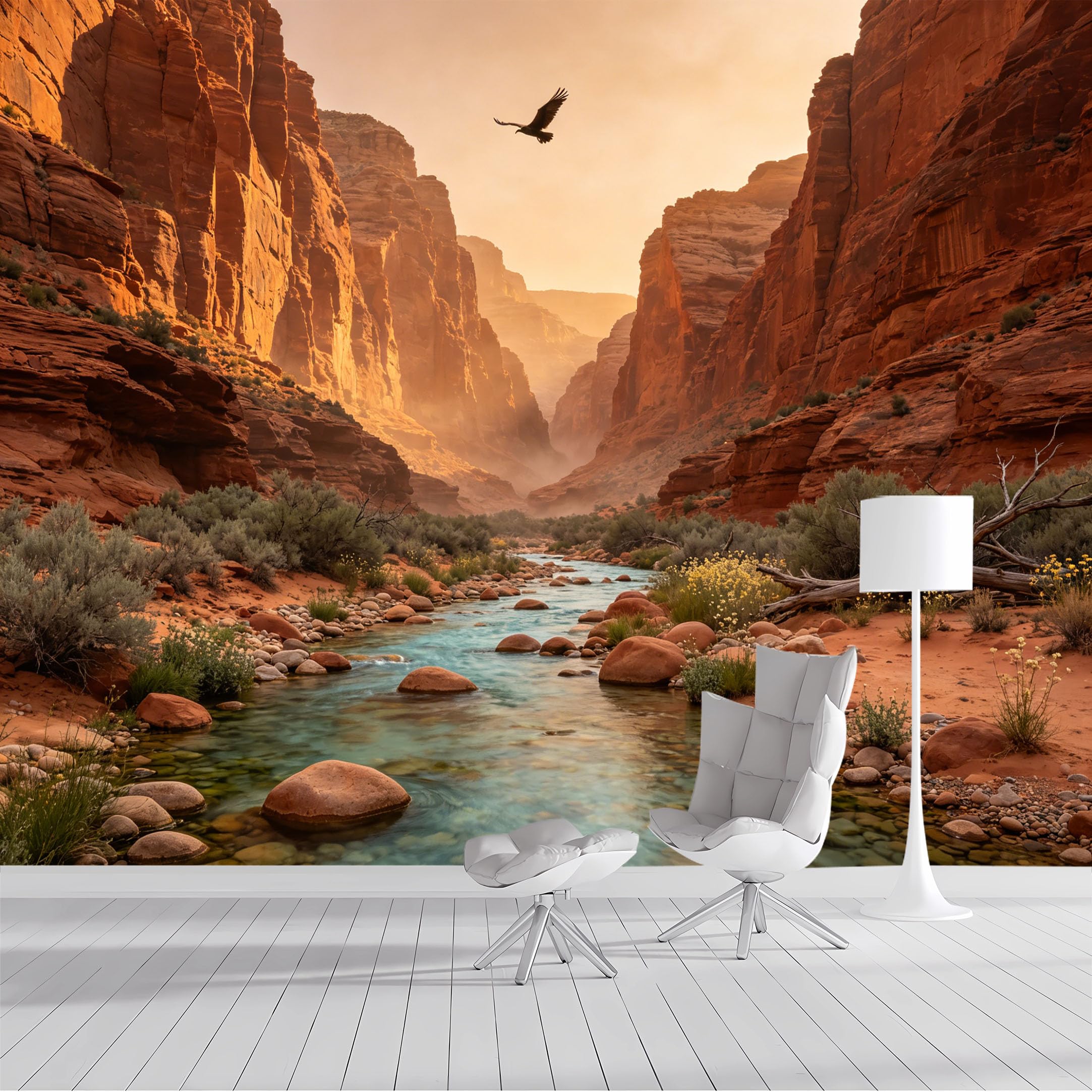 Custom Size Wall Mural Desert Canyon Eagle Flying River Landscape Panoramic Landscape Oil Painting SelfAdhesive Wall Fabric Removable Wallpaper for Living Room Bedroom Bathroom