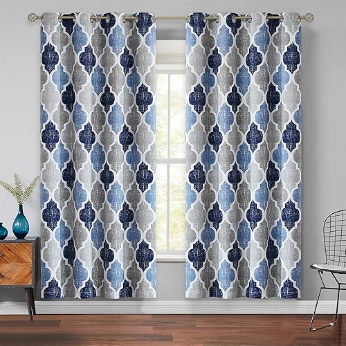 Miniatura 11 de Beauoop Cortinas 100% opacas de 84 pulgadas de largo, 2 paneles para dormitorio, sala de estar, azul, geométrico marroquí, para oscurecer la Ojal |