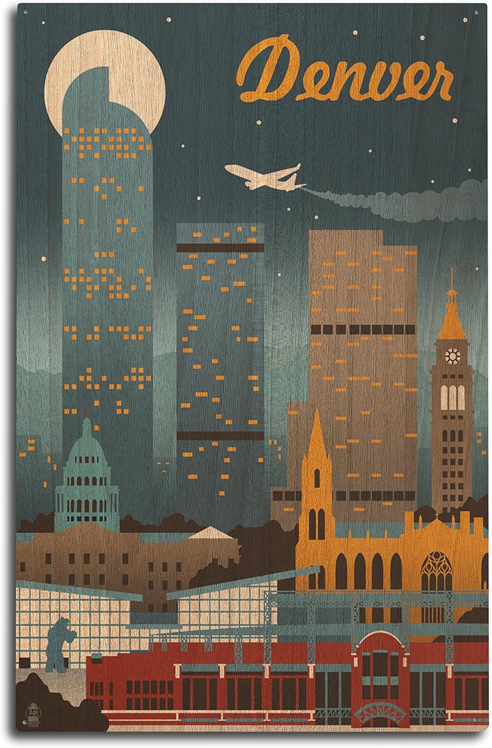 Lantern Press デンバー コロラド州 レトロスカイライン すぐに掛けられる マーケット 10x15 壁装飾 木製ウォールサイン